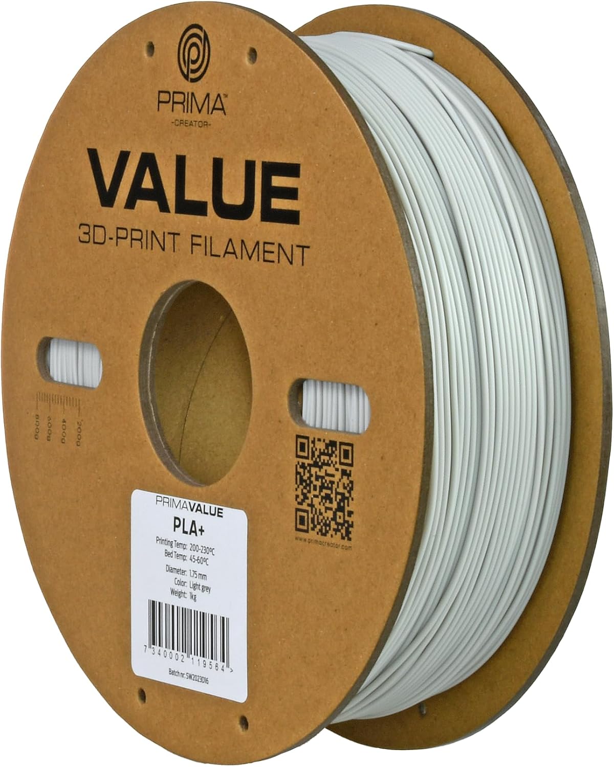 Detalle de PrimaCreator PrimaValue PLA+ 3D-skrivarfilament, ljusgrått, 1,75 mm, 1 kg