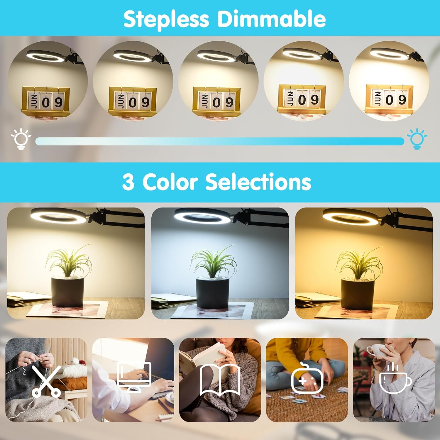 Detalle 1 de Dylviw LED Magnifying Desk Lamp with 5x Glass Lens, 3 Light Modes and Dimming