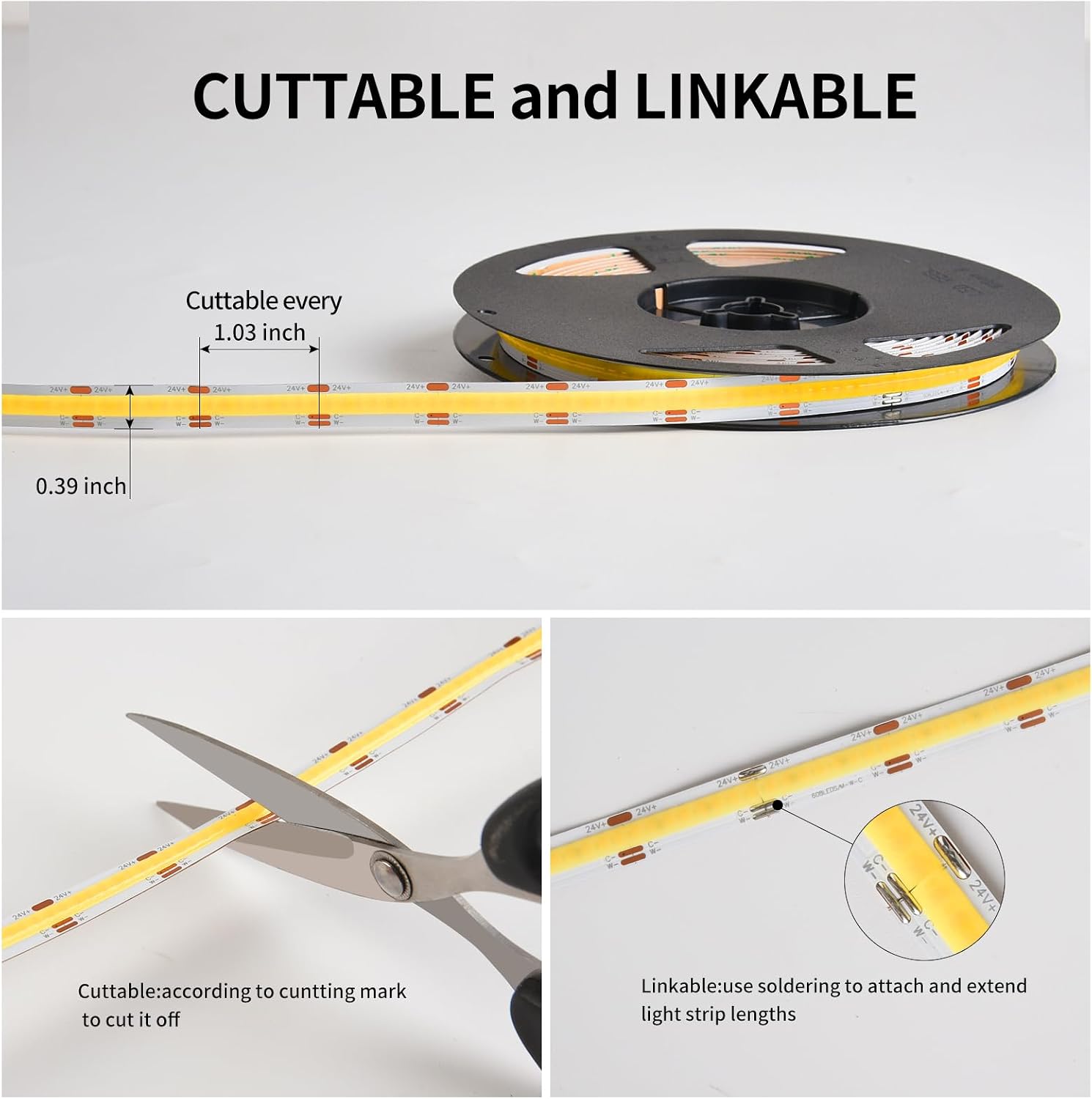 Thumbnail 5 de SIRYYUI CCT COB LED Strip Lights 10m: Dimmable 2700K–6500K, 24V Tunable White with RF Remote