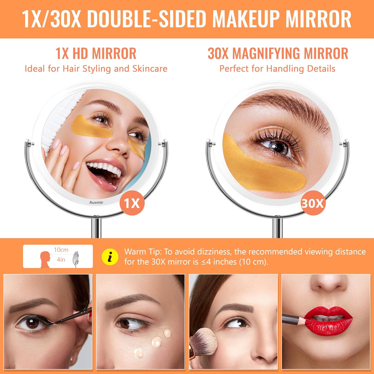 Detalle 2 de Auxmir 30X Magnifying Mirror with Tweezers (Double-Sided 30X/1X) – 360° Swivel Vanity Mirror with Stand