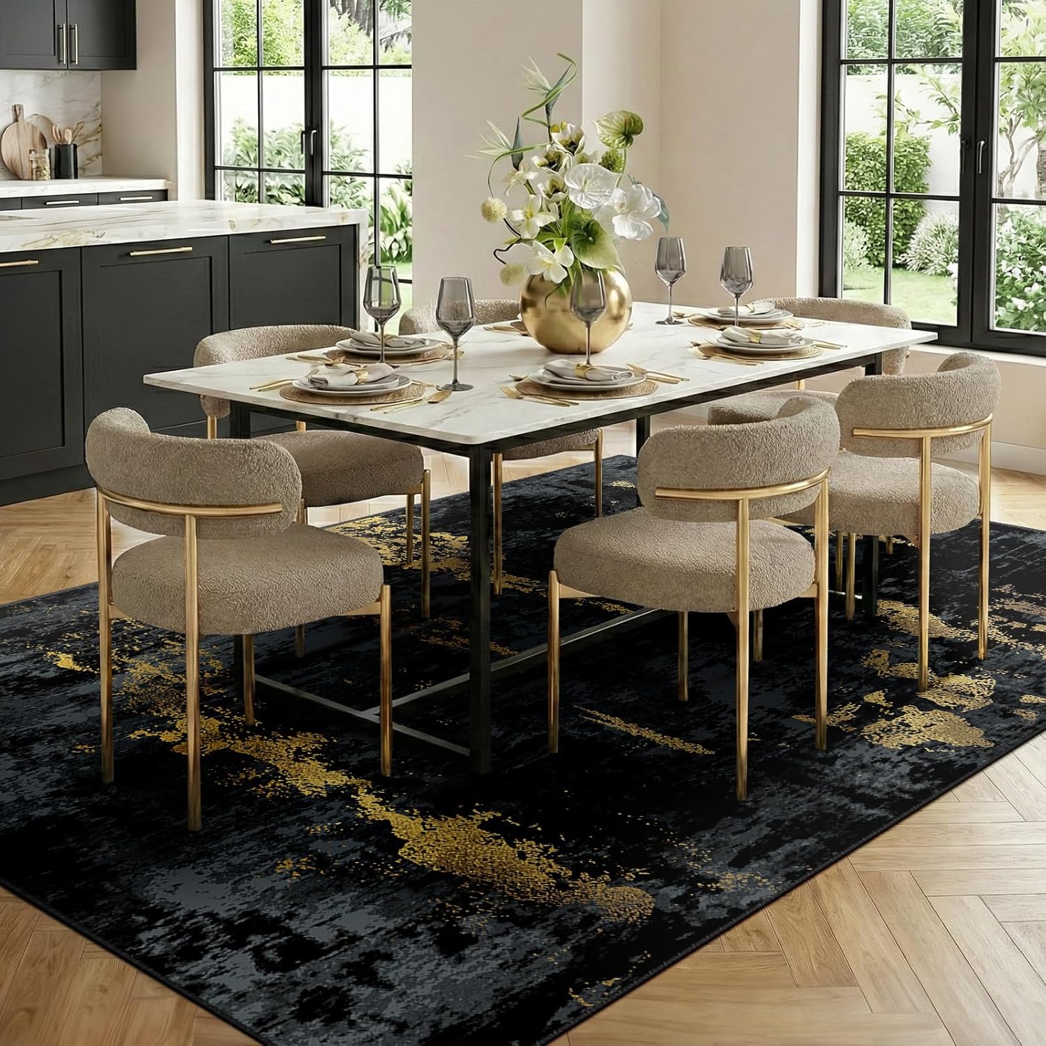 Thumbnail 2 de RELEANY Washable 8'x10' Non-Slip Modern Abstract Area Rug - Dark Black Gold