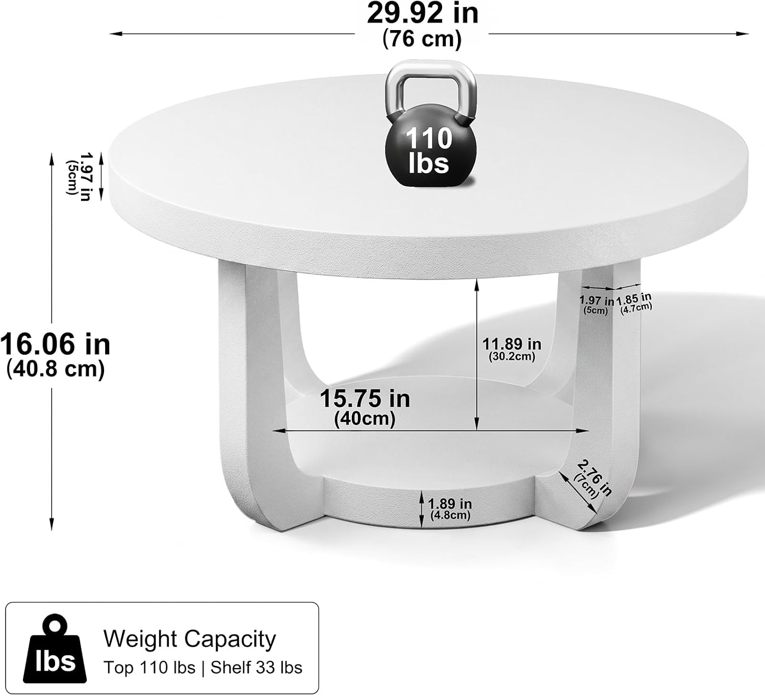 Detalle de BEROXII Round Coffee Table, 2-Tier White Table with Storage