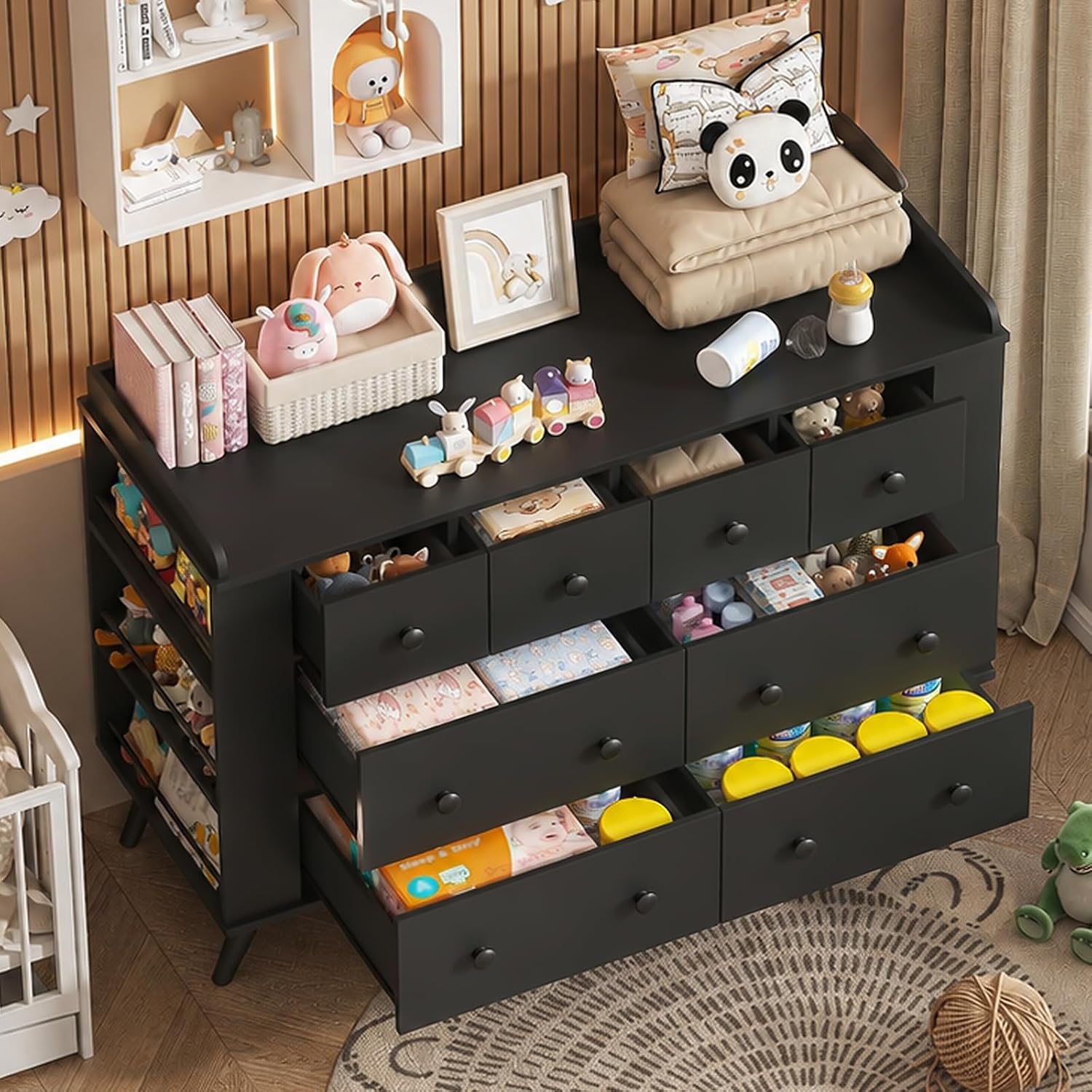 Detalle 2 de Vabches Baby Dresser, Black Kids' Dresser with Raised-Edge Top and Storage