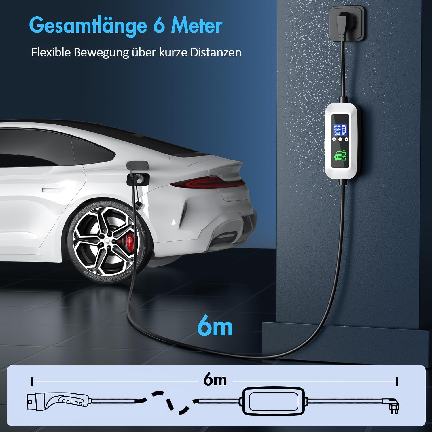 Detalle de FNITAER EV Ladekabel Typ 2 3.68kW – 6 m, 1-Phasig, Timer, Display und Zubehör