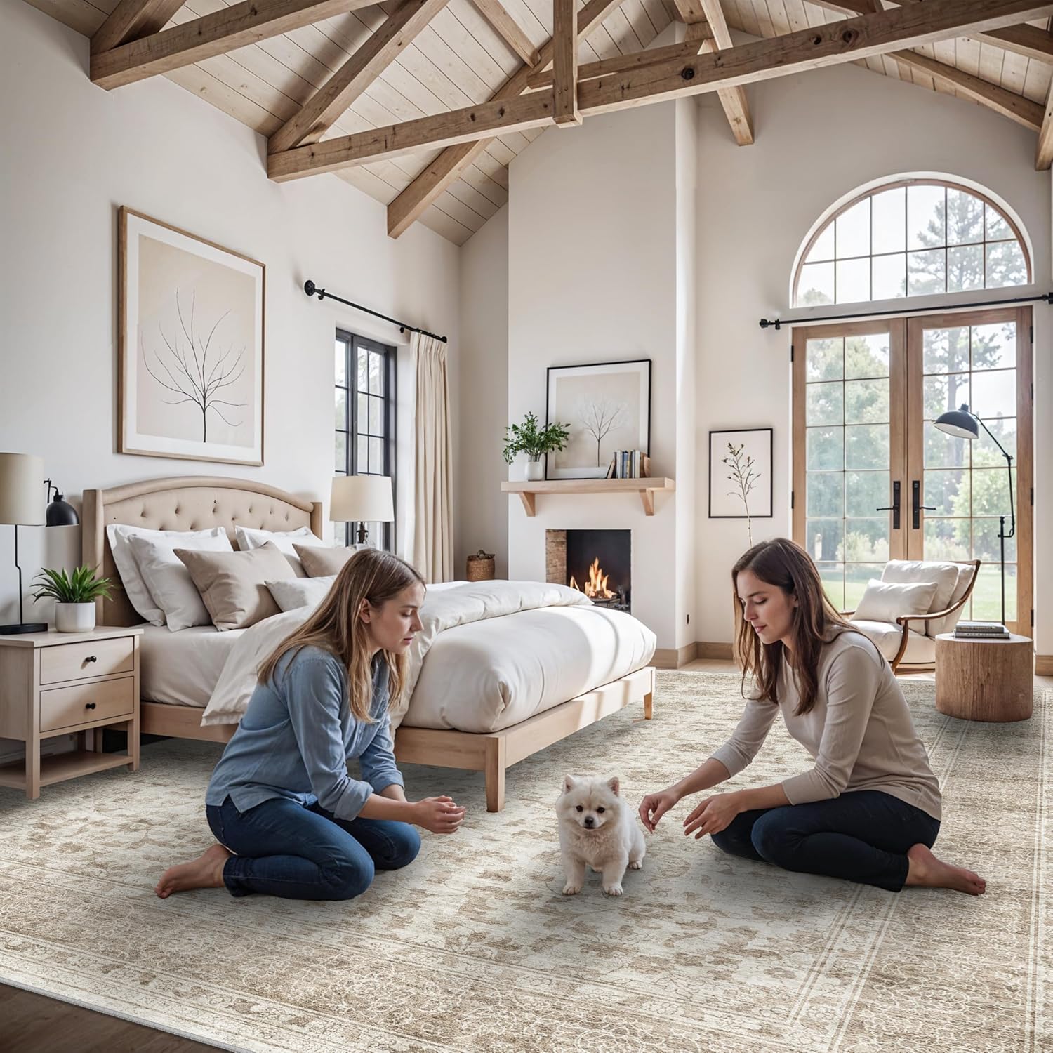 Thumbnail 1 de 12x15 Beige Brown Machine-Washable Vintage Area Rug with Non-Slip Rubber Backing