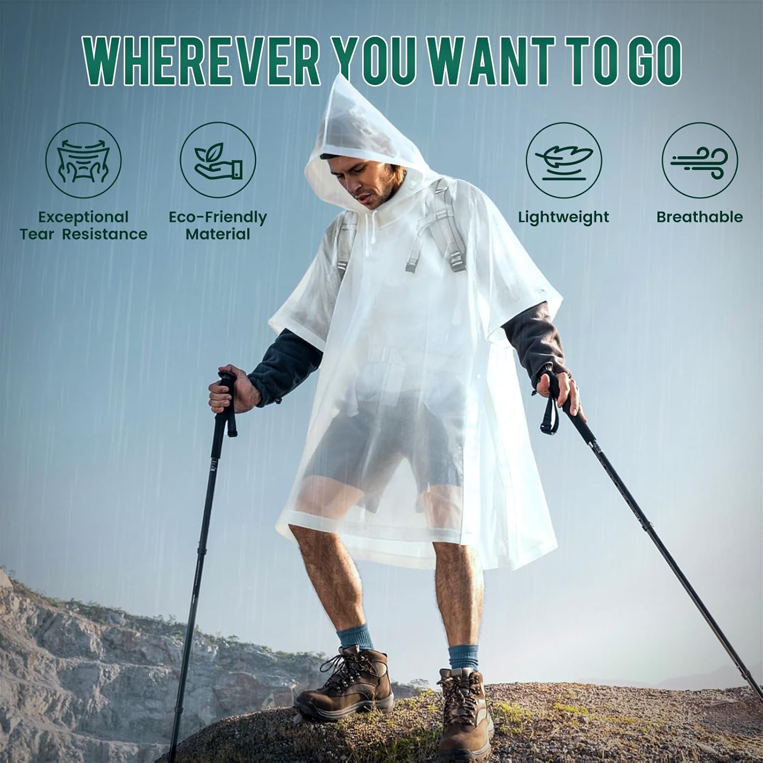 Detalle de Aolegoo 2 Stück Regenponcho aus EVA – Wiederverwendbare Unisex Regencapes, wasserdicht und tragbar