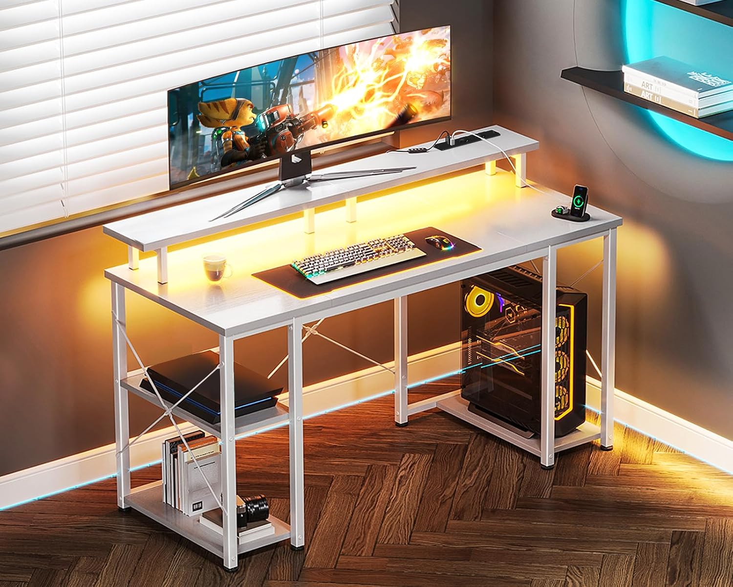 Thumbnail 1 de Coleshome Scrivania Gaming con LED 120x50 cm: illuminazione dinamica, supporto monitor e posto per accessori