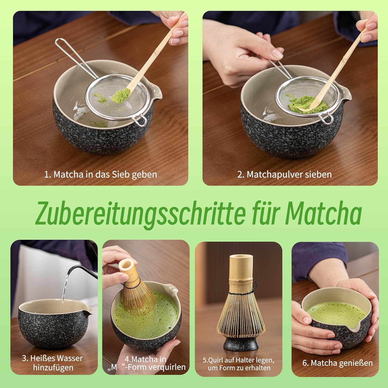 Detalle de TEANAGOO Matcha Set (N17) – 7-teiliges Matcha Tee-Set mit Schale mit Ausgießer, Bambusbesen & Zubehör