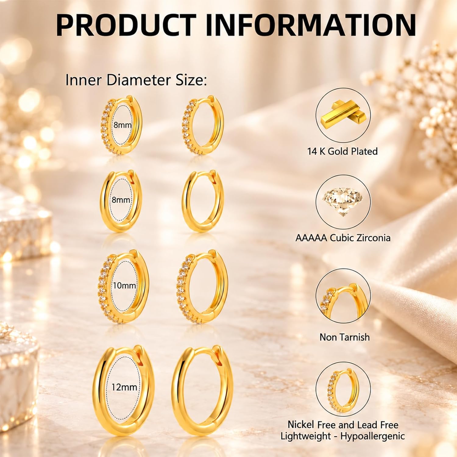 Detalle de ATTILA 4 Pairs 14K Gold Plated Hoop Earrings for Women – 8/8/10/12 mm, 925 Silver Posts