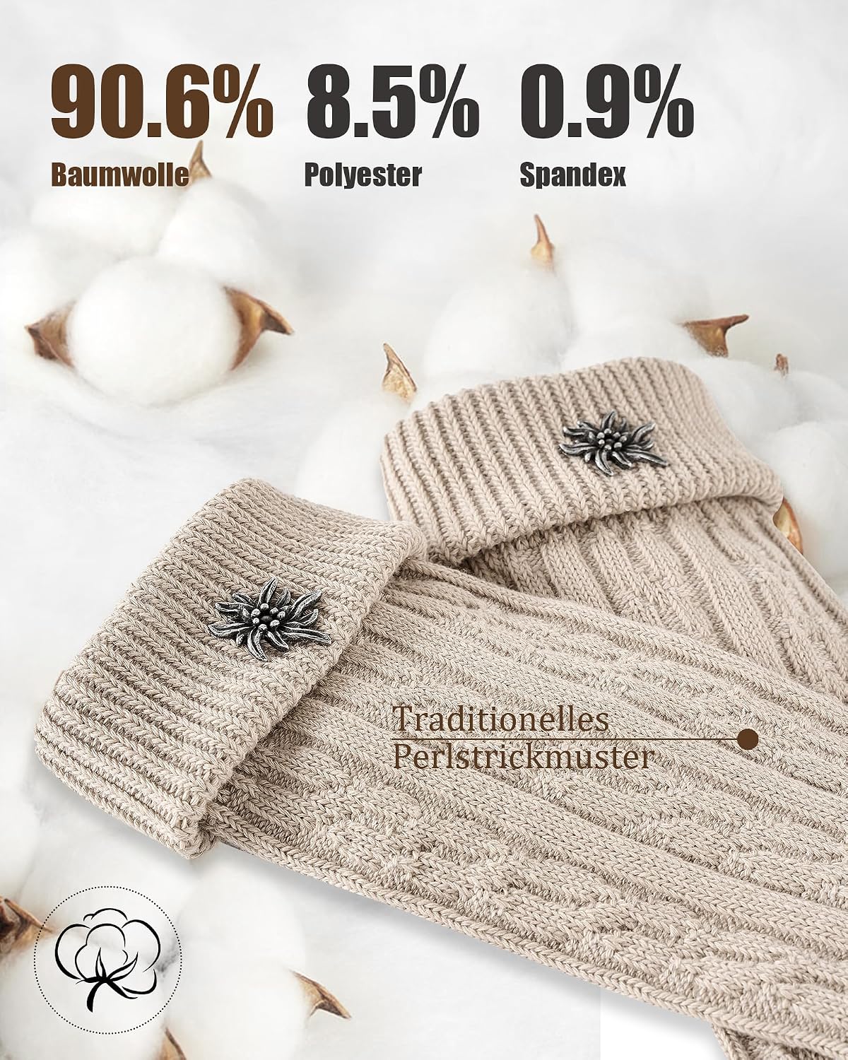 Detalle de Effeeet Kurze Trachtensocken für Herren & Damen – 1 Paar mit Edelweiß-Anstecker