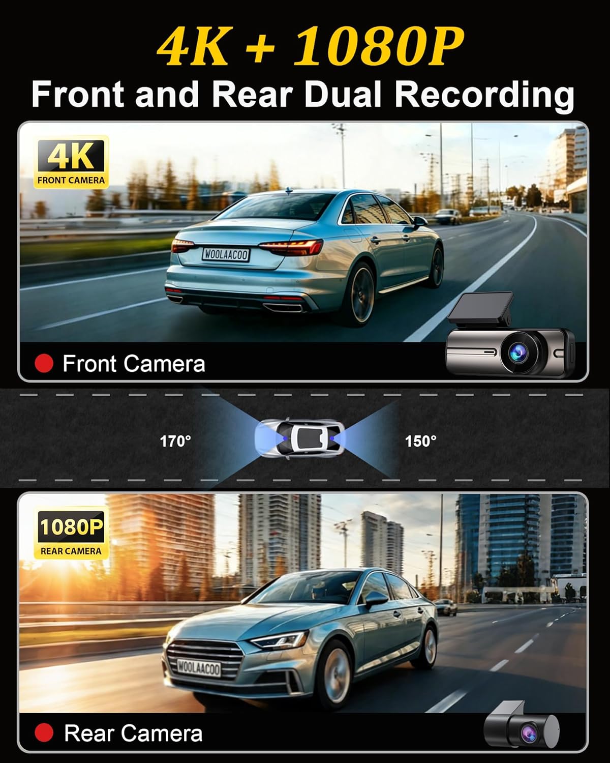 Detalle 2 de Dash Cam Front and Rear 4K+1080P with 5GHz WiFi, Dual Cameras and 64GB Card (App Control)