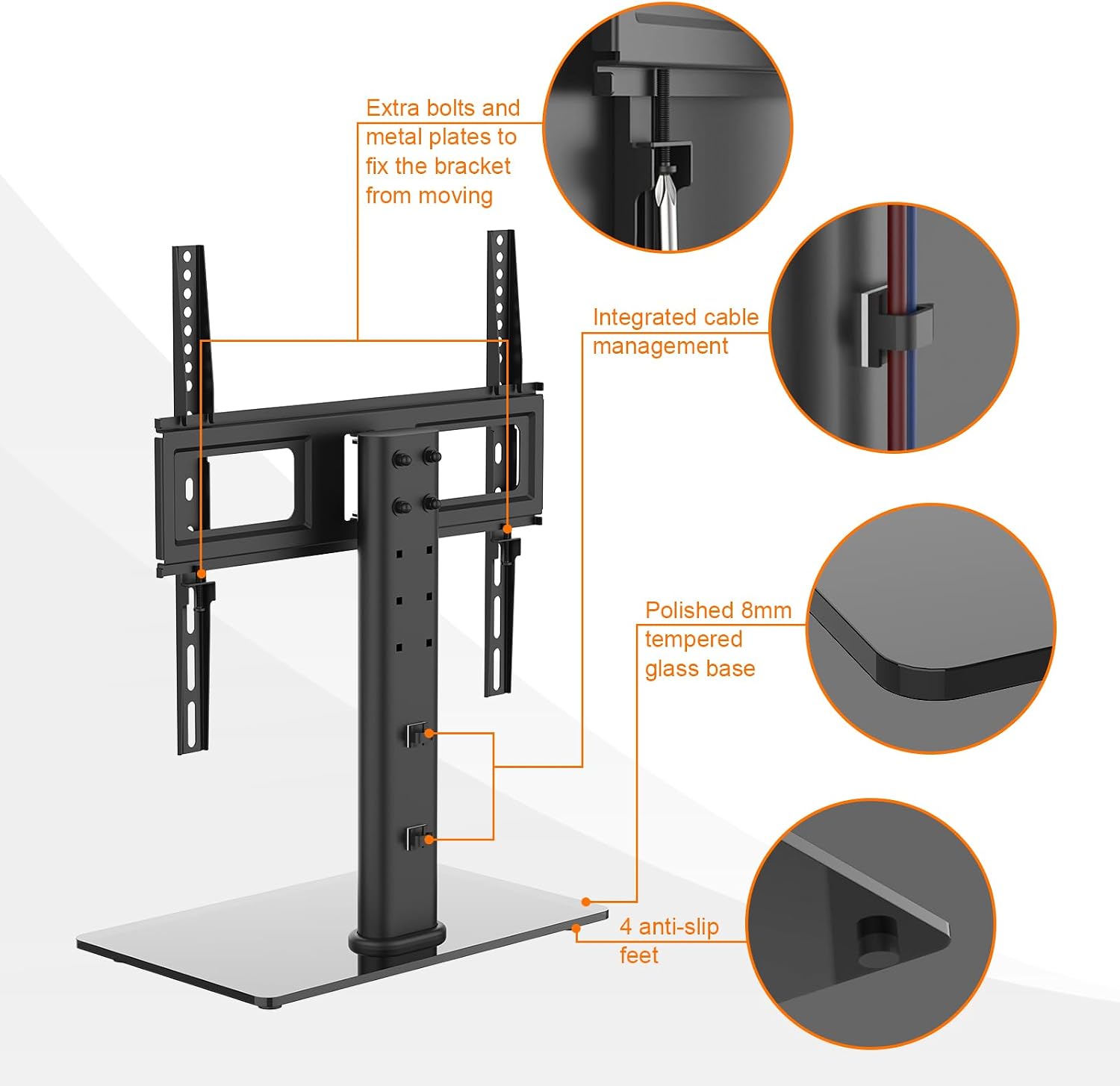 Detalle de GRIFEMA GB1005 Universal TV Stand for 26–55 inch TVs (Swivel, Height Adjustable, 8mm Tempered Glass Base)