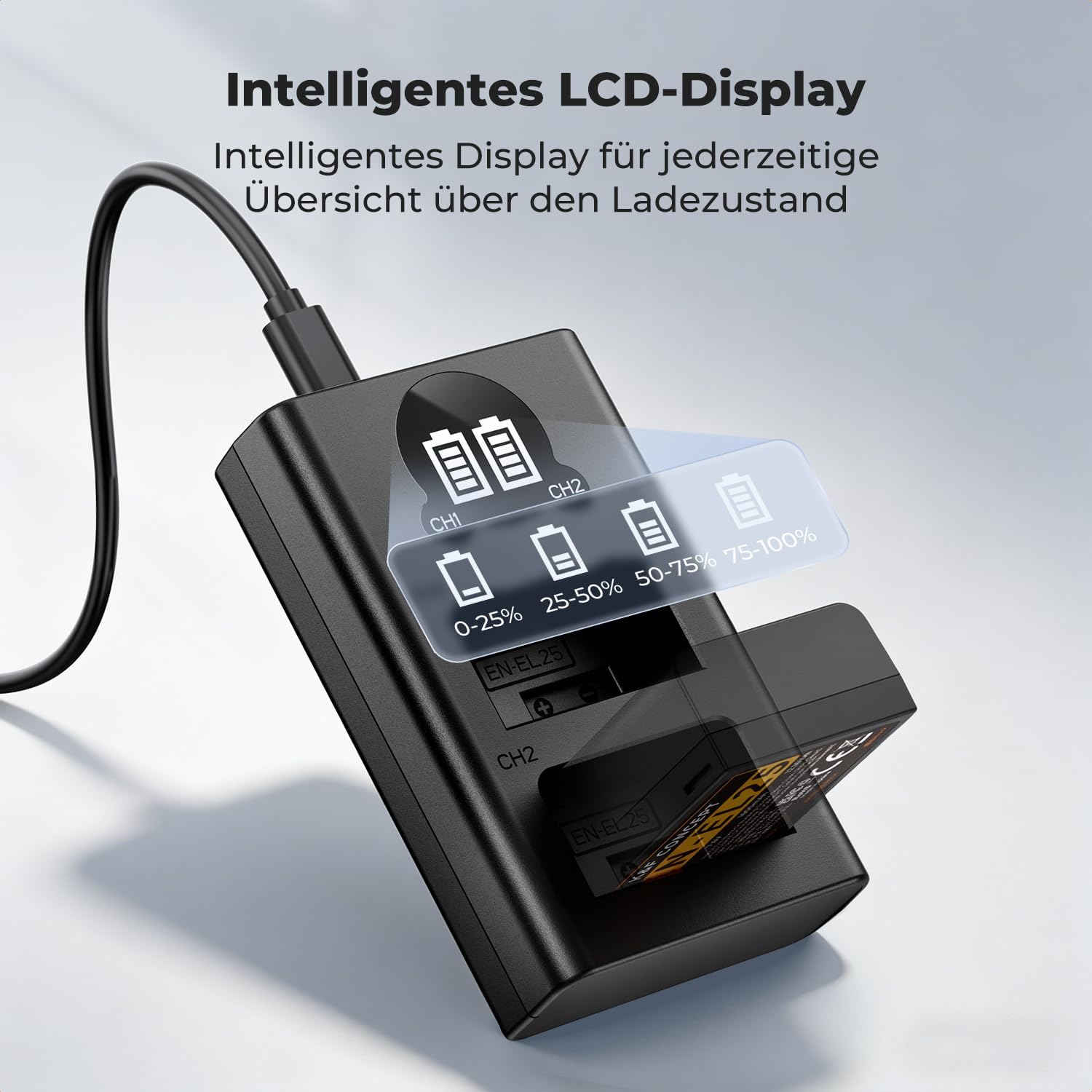 Thumbnail 2 de K&F CONCEPT EN-EL25 Dual Slot LED Ladegerät mit USB-C/ Micro-USB, kompatibel mit Nikon Z30, Z50, Z50 II und Zfc