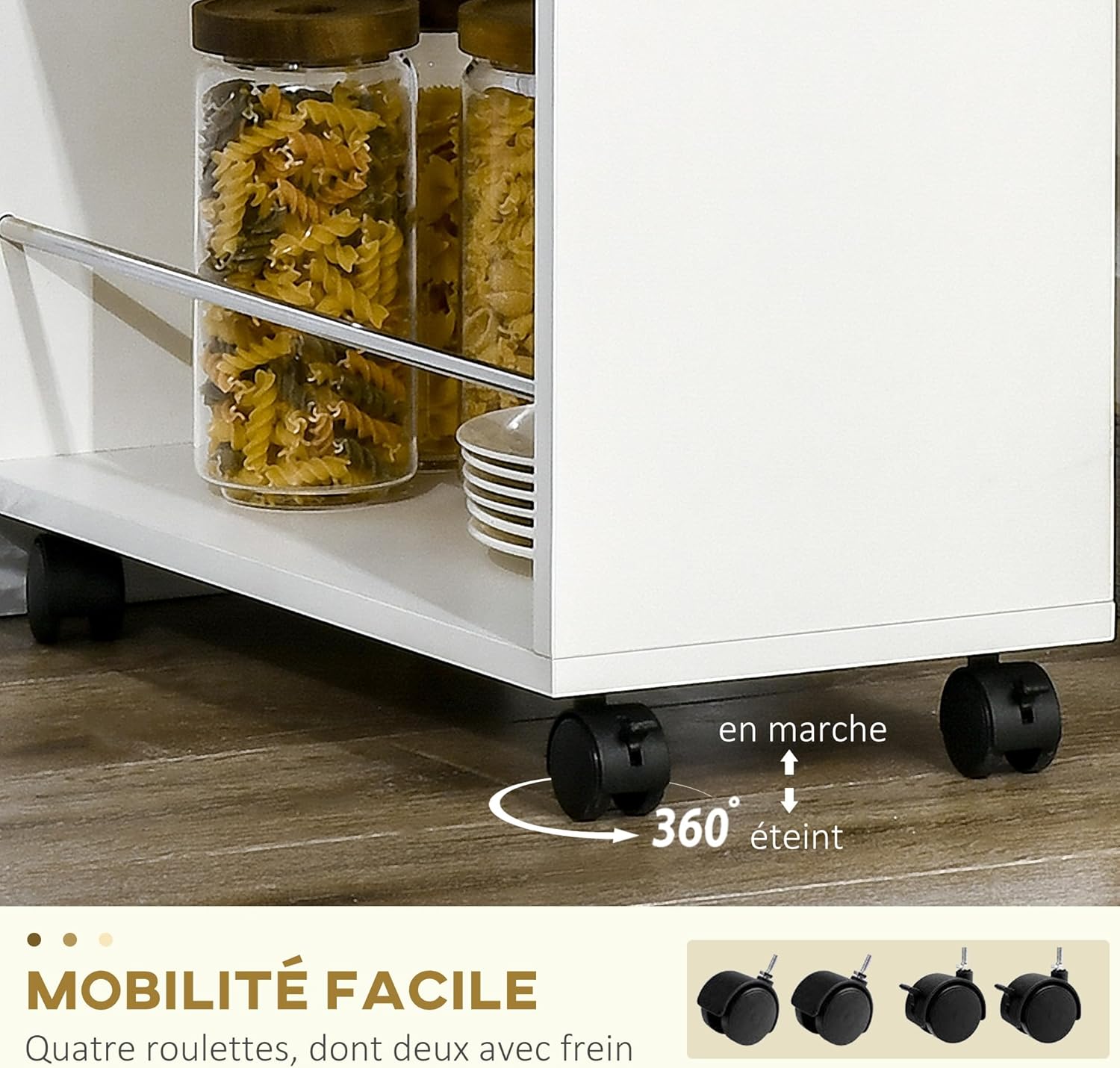 Thumbnail 4 de HOMCOM Chariot de Cuisine Desserte sur Roulettes avec Tiror et 2 étagères ouvertes — 25 x 50 x 85 cm — Blanc