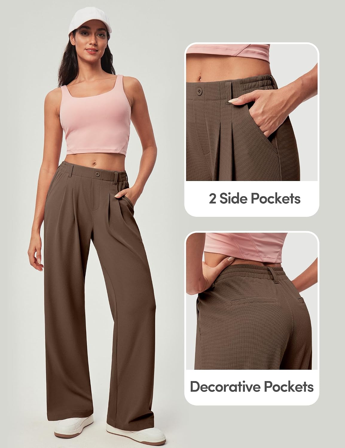 Detalle de IUGA Women's Wide-Leg Dress Pants, Waffle Knit, Pull-On Waistband, 26/28-Inch Inseams