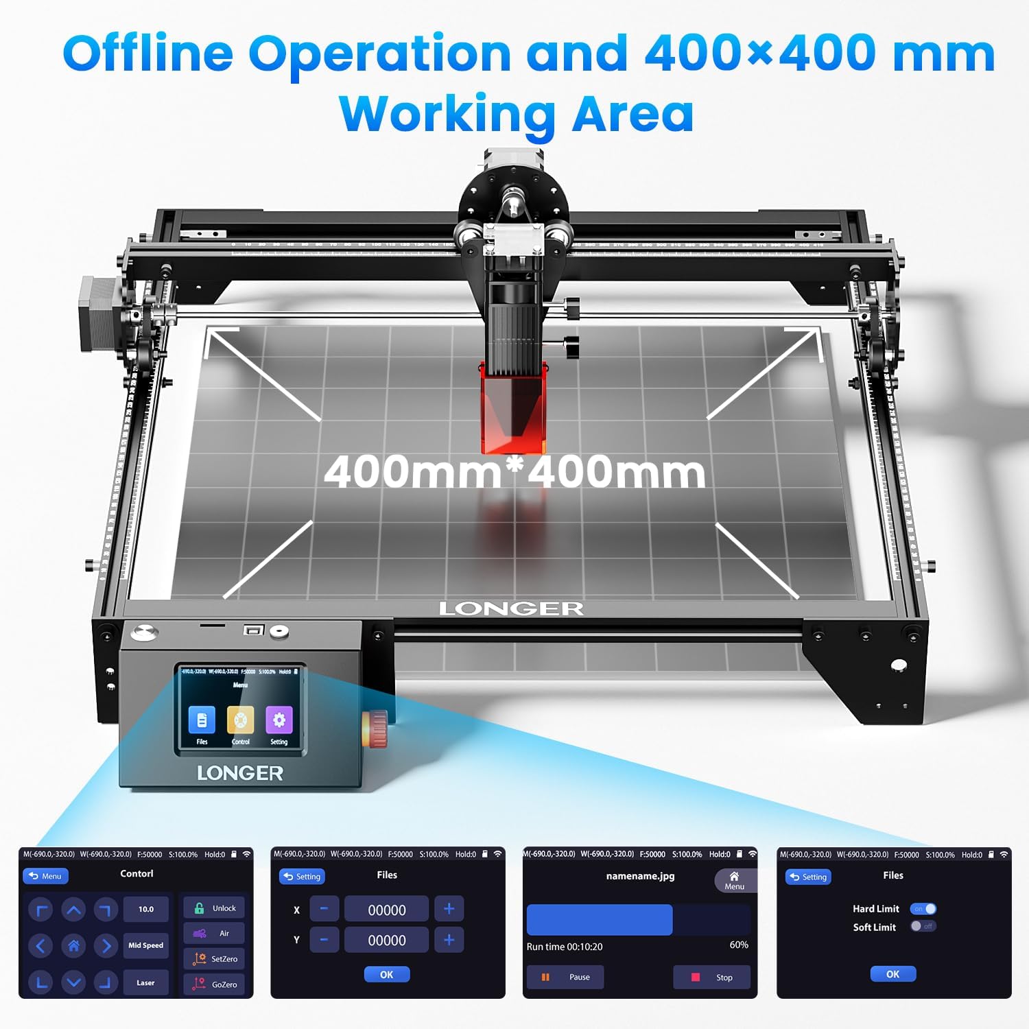 Detalle de LONGER RAY5 10 W: machine de découpe laser 4-en-1, précision et sécurité pour travaux bois/verre/acrylique/métal