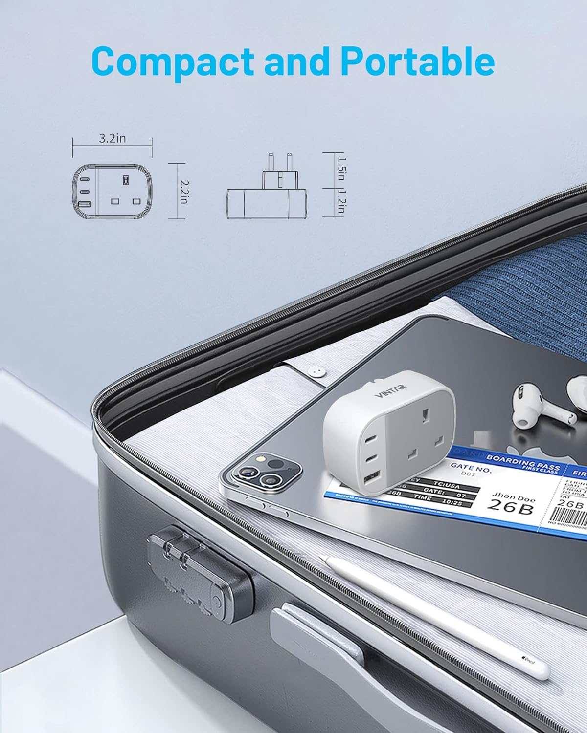 Thumbnail 4 de VINTAR UK to European Plug Adapter with Type E/F and 2 USB-C + USB-A ports