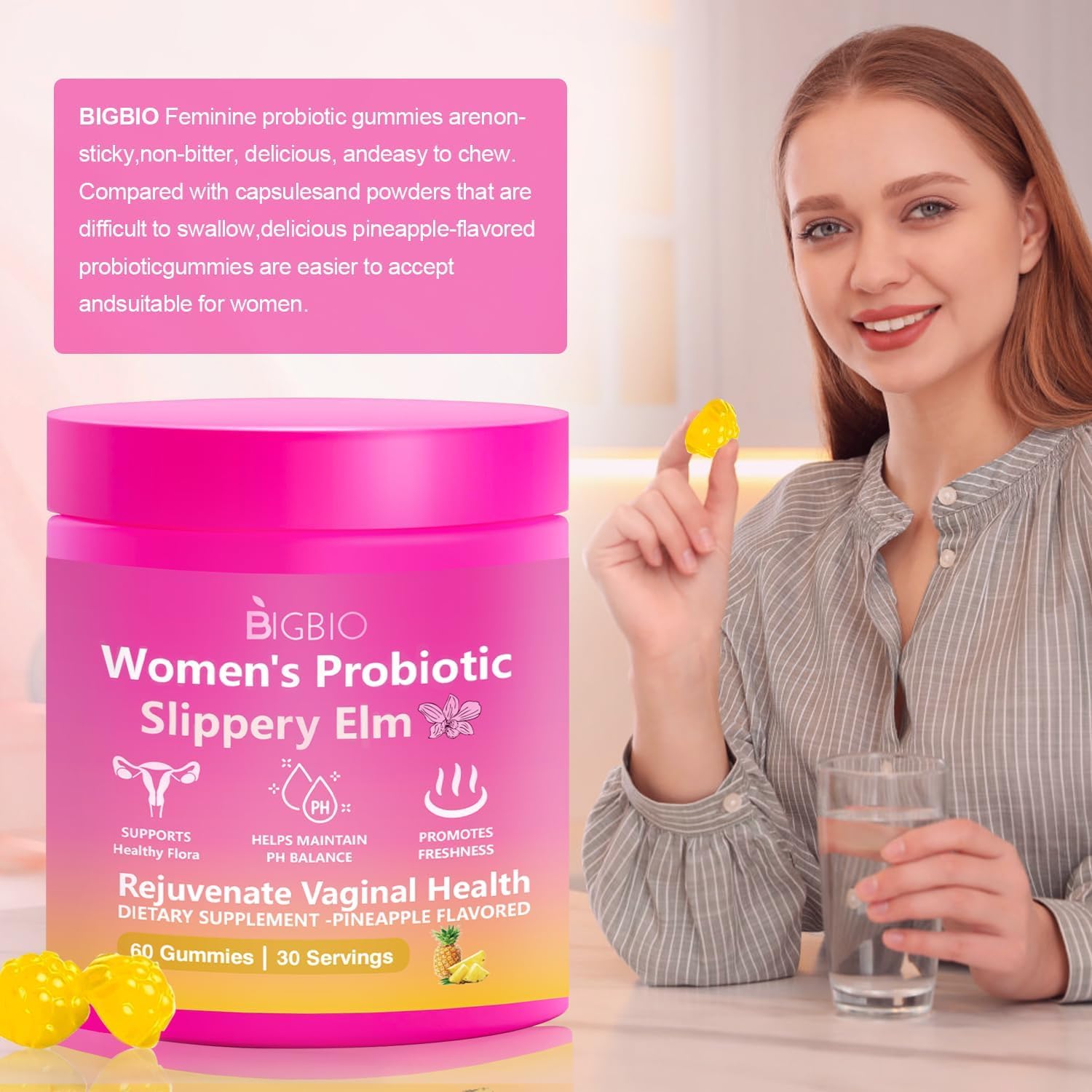 Detalle 2 de BIGBIO Feminine Probiotics Gummies, Sugar-Free Pineapple, 60 Count