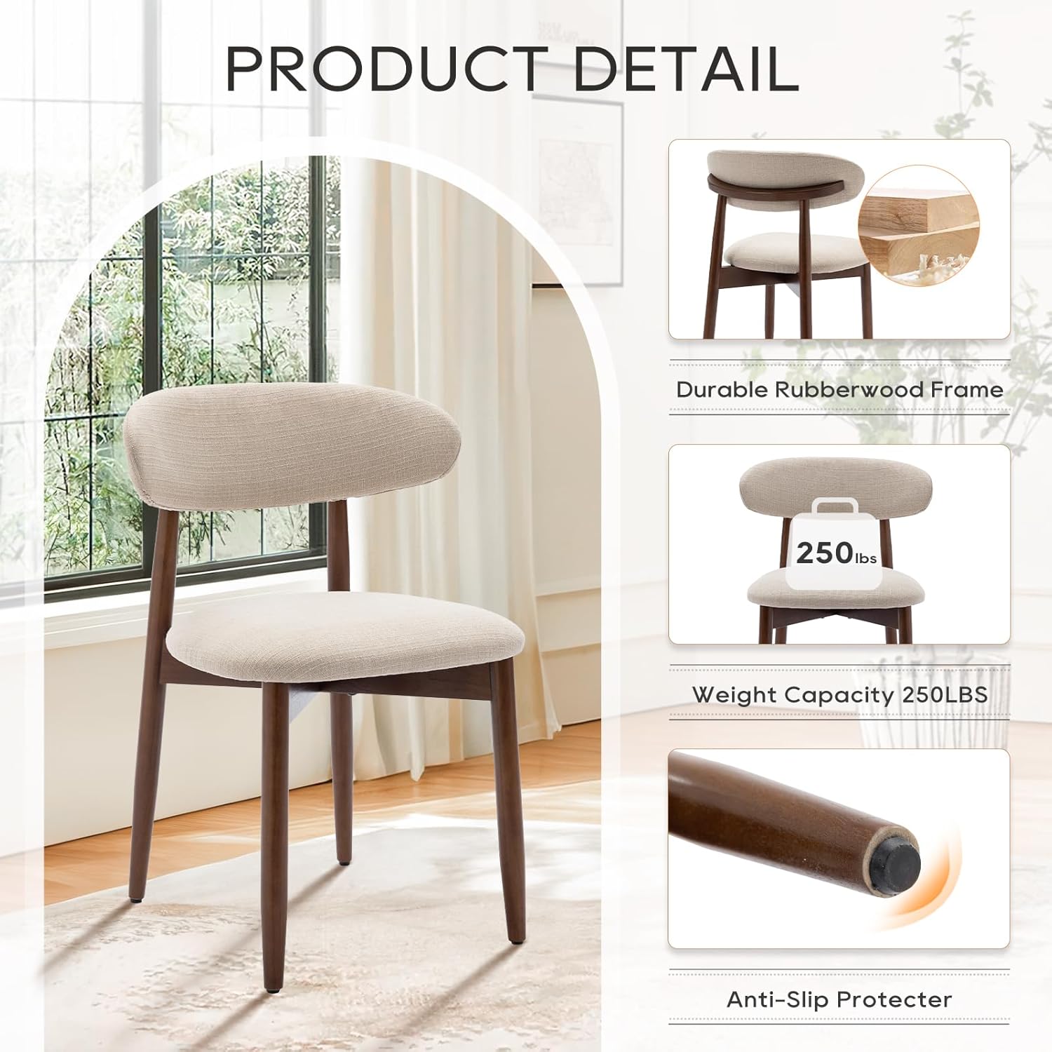 Thumbnail 5 de COLAMY modern dining chairs set with wooden legs – upholstered fabric seats with curved backrest