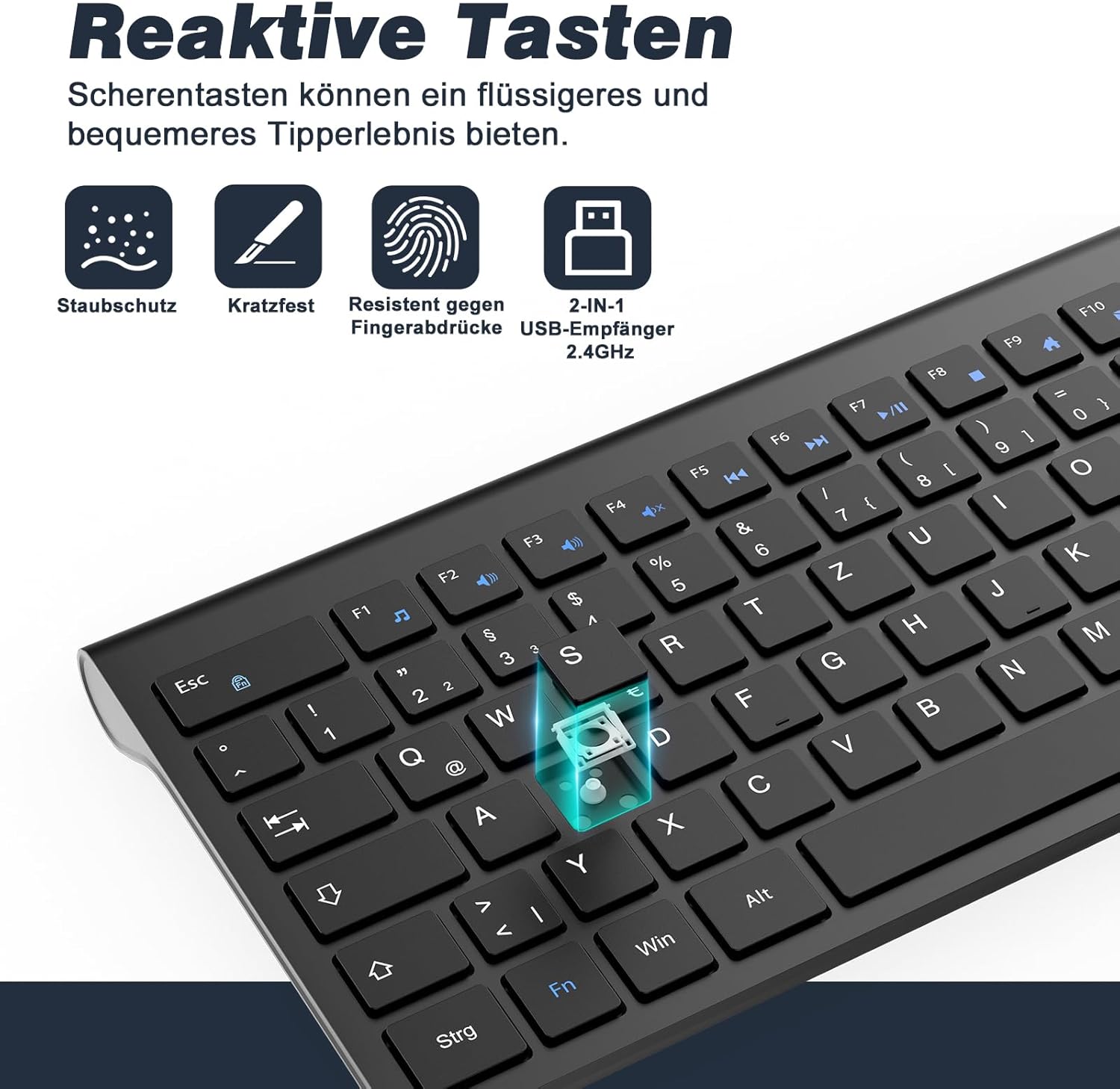 Thumbnail 2 de cimetech Tastatur-Maus-Set kabellos (ultradünn, wiederaufladbar) mit QWERTZ-Layout für Windows & mehr – Schwarz