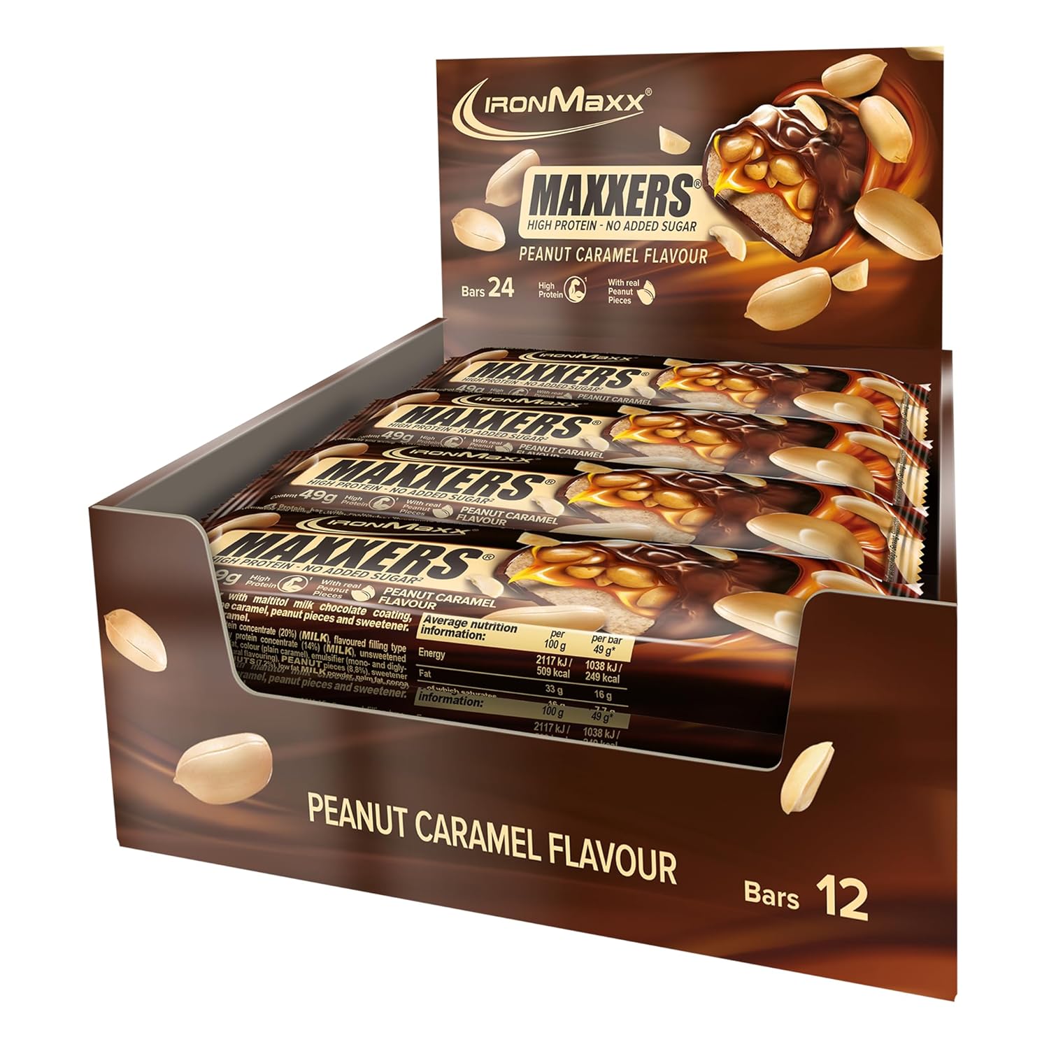 Detalle de IronMaxx Maxxers Proteinriegel – Peanut Caramel 12x49 g