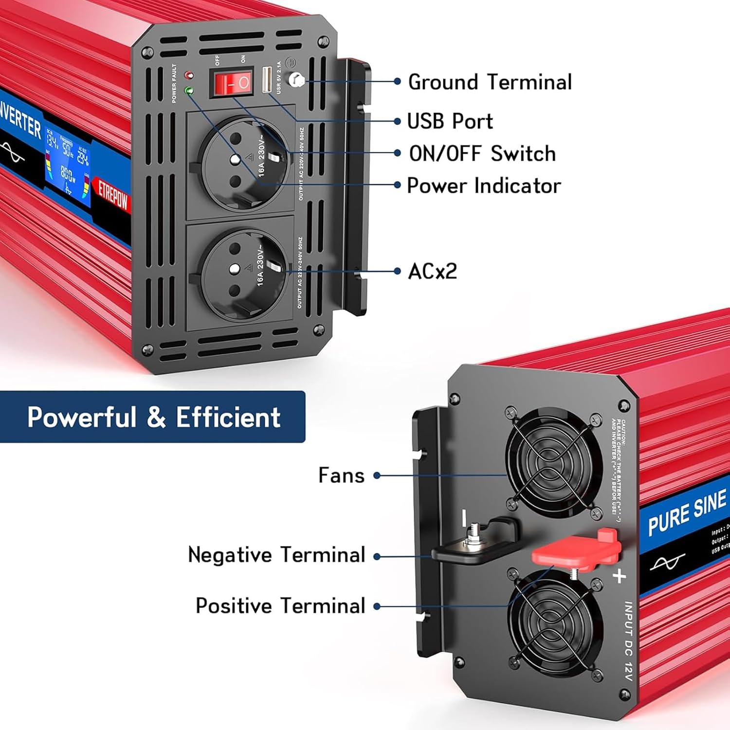Thumbnail 3 de ETREPOW Transformateur 2000W Pure Sinus 12V→220V avec 2 prises EU, USB, LCD et télécommande sans fil
