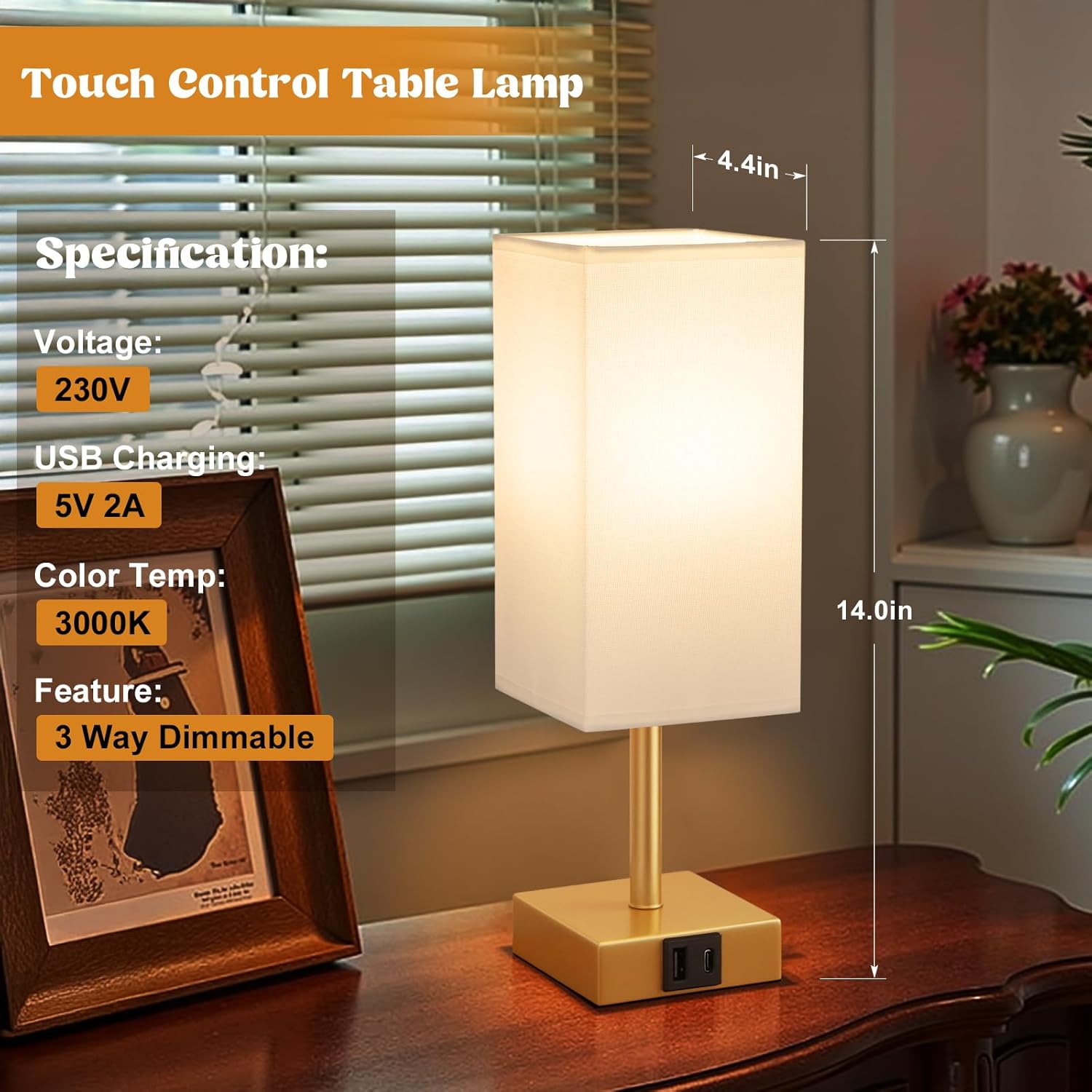 Thumbnail 6 de Aooshine Gold Touch Lamp with USB-C + USB-A Charging Ports and White Linen Shade