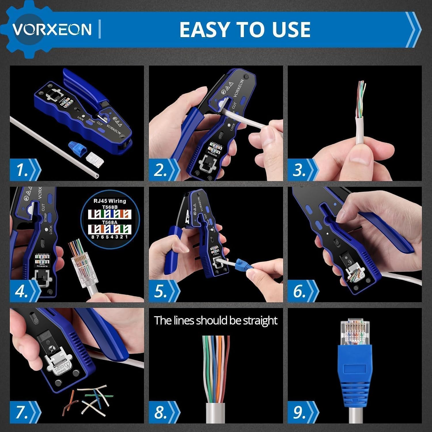 Detalle de VORXEON para cat6 RJ45-krimptangset met 50 Cat6-doorvoerconnectoren