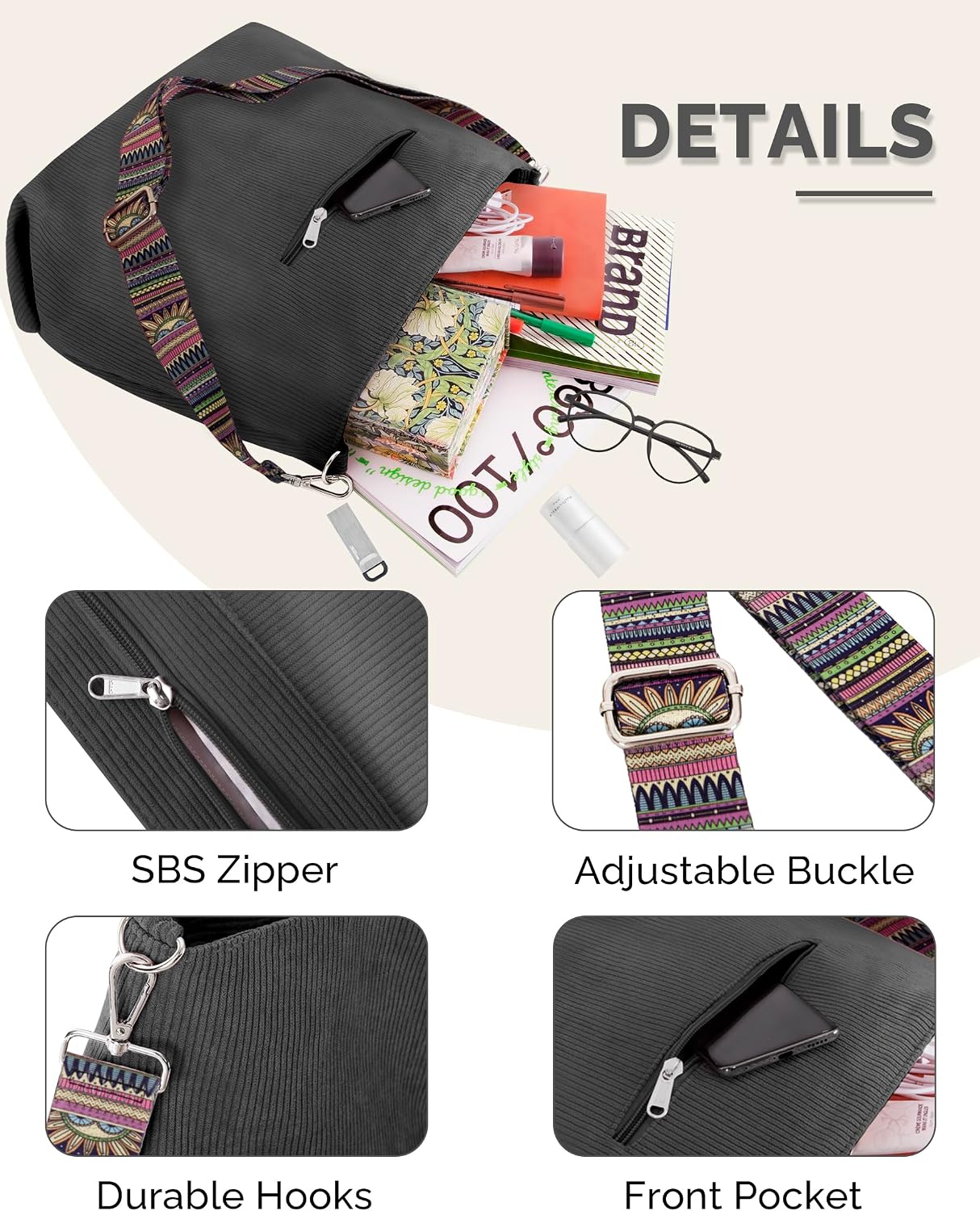 Thumbnail 4 de Prite Corduroy Tote Bag for Women with Zipper – Large Capacity Shoulder Bag with Adjustable Strap
