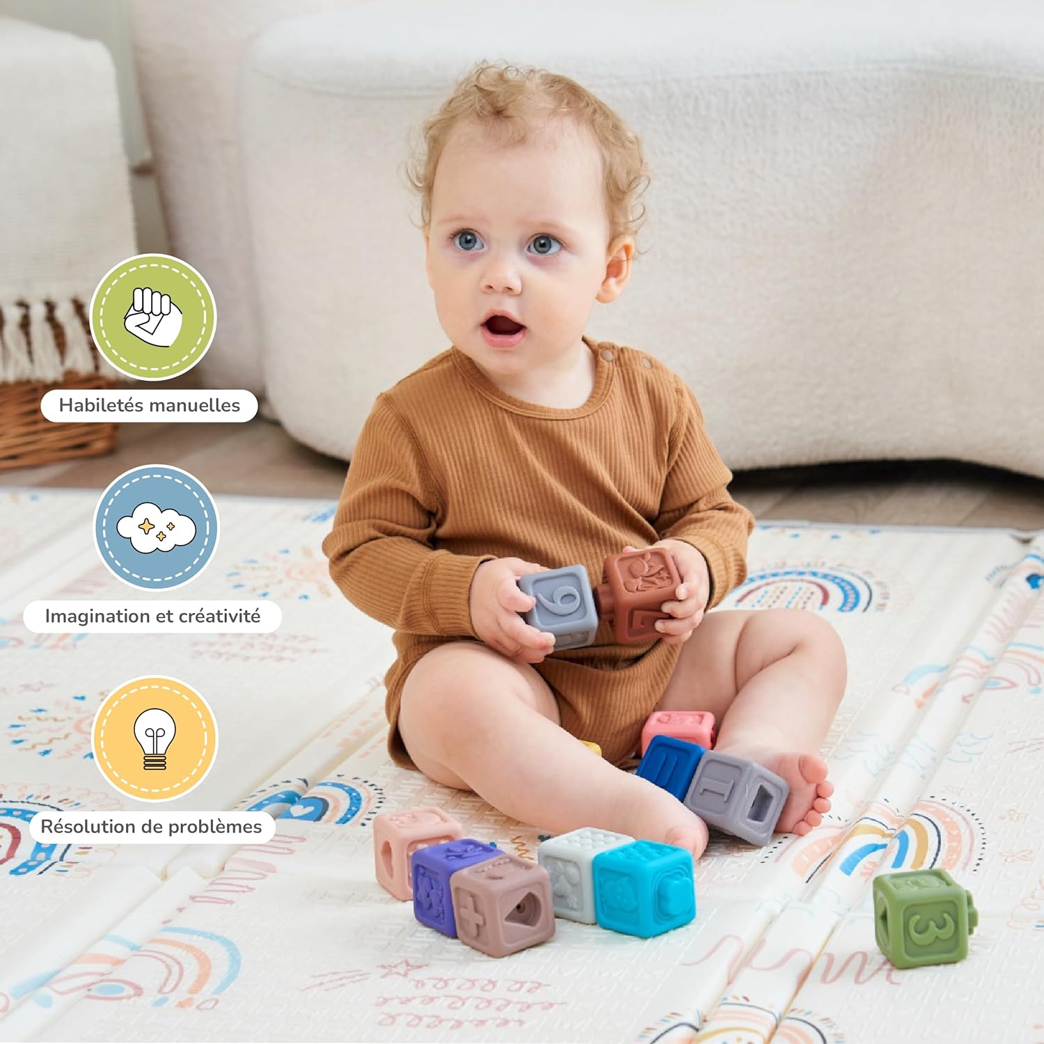 Thumbnail 4 de Jeux Montessori pour Bébé et Enfants 6 Mois et Plus – 12 Cubes d'activité en Silicone, Sans BPA