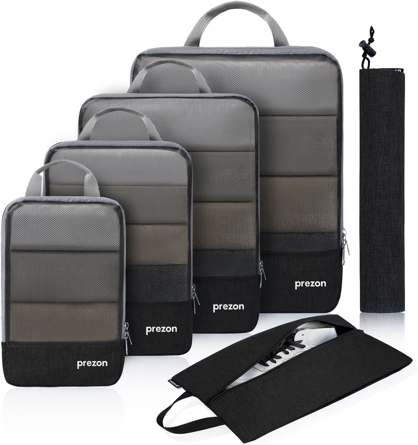 Prezon Lot de 6 cubes de rangement compressibles – Organisateurs extensibles pour valise, mesh TPU noir