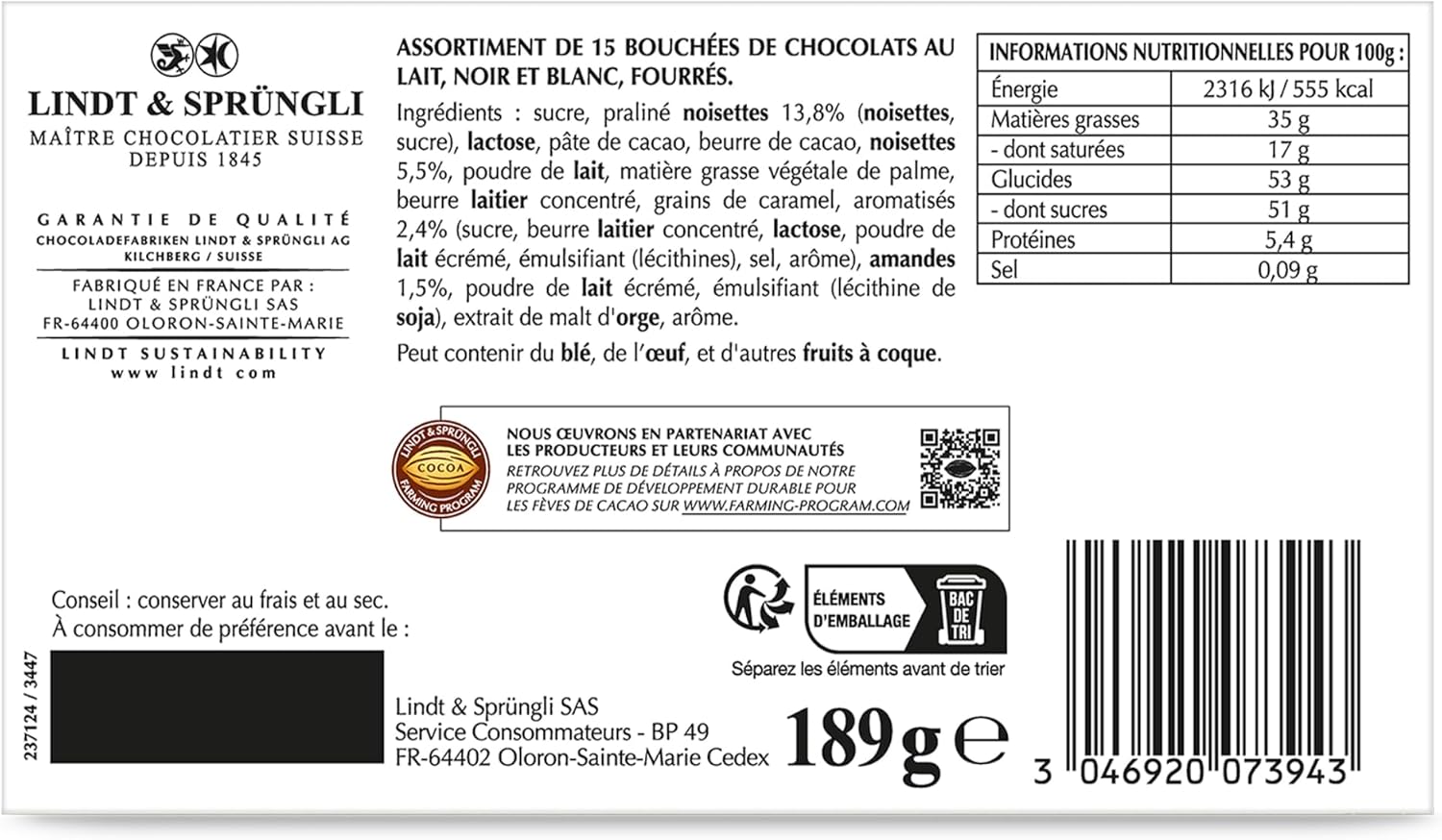 Detalle de Lindt CONNAISSEURS 189g Chocolats assortis 🍫