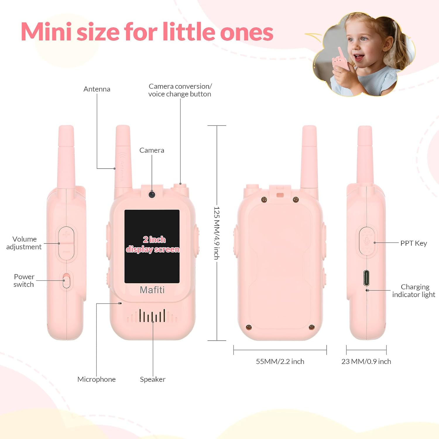 Detalle de Mafiti Mini Video Walkie Talkies for Kids (2 Pack) – Pink