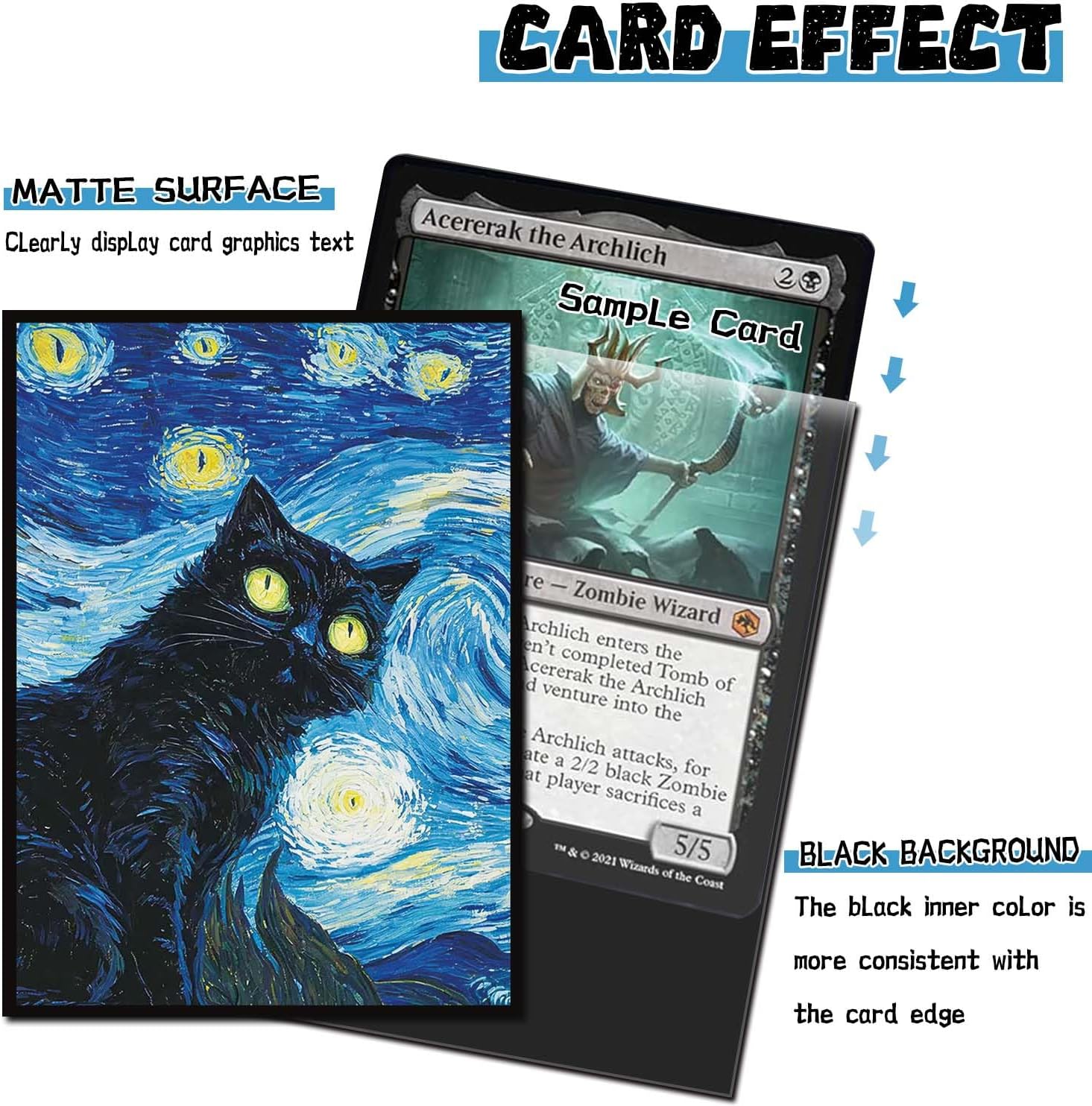 Thumbnail 3 de April Space カードスリーブ 100枚 MTG対応 星月夜黒猫デザイン、透明フロント＆マット仕上げ