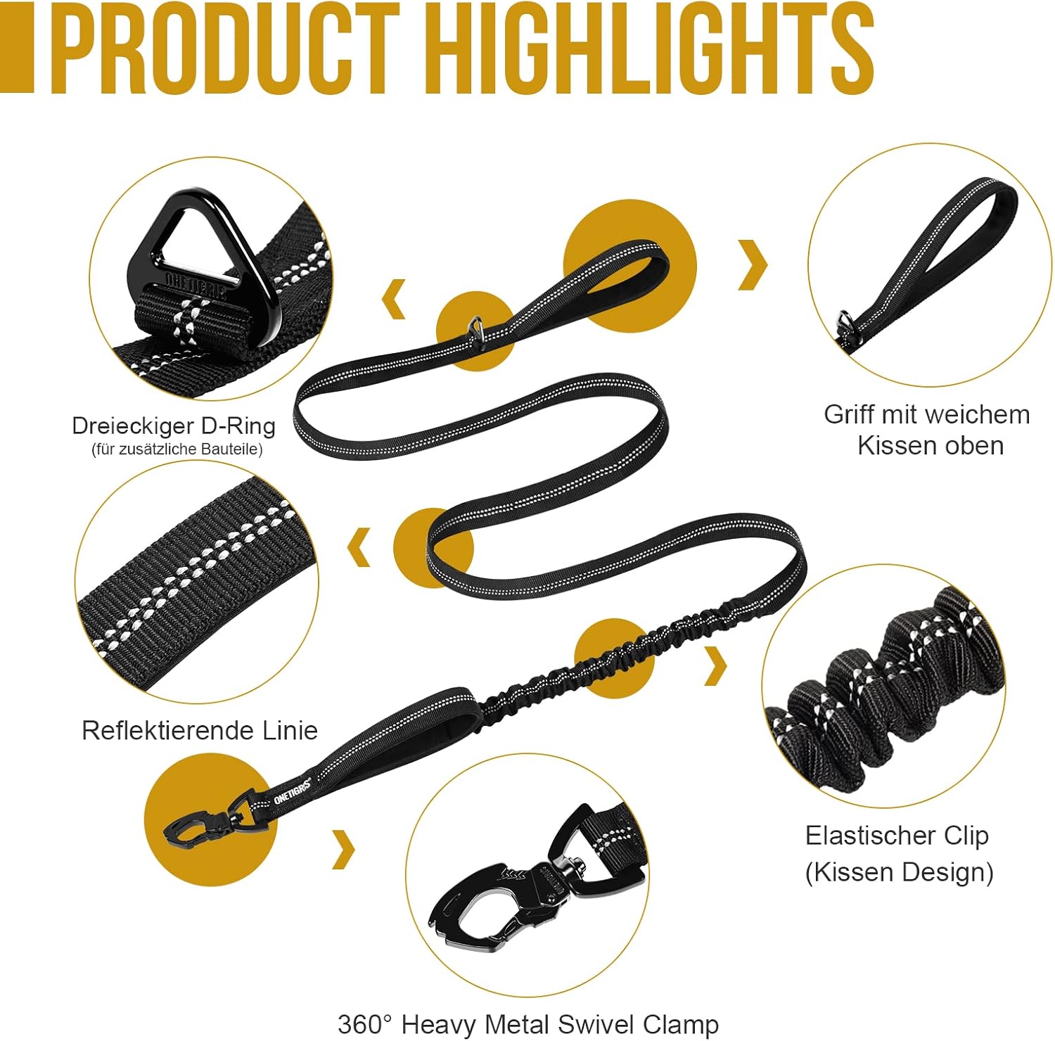 Thumbnail 4 de OneTigris Laisse pour chien 152–188 cm – design Bungee Jumping, clip en métal taillé tigre et deux rembourrages, nylon réfléchissant