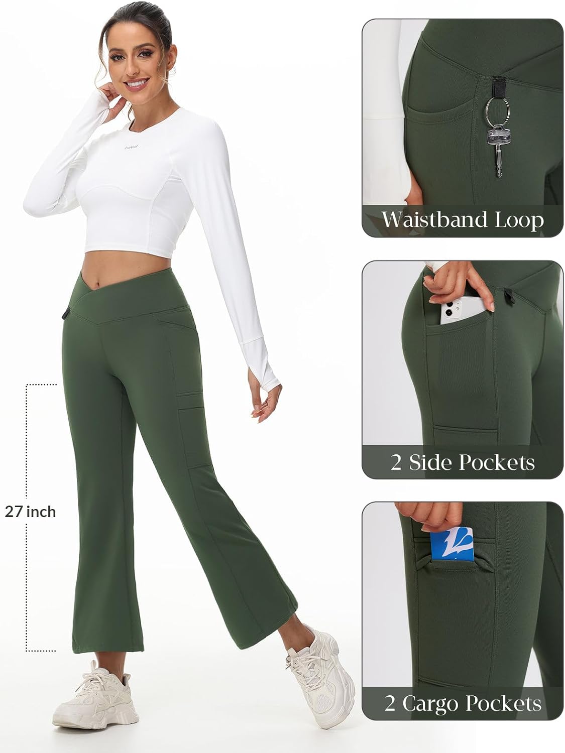 Detalle 1 de Baleaf Women's Fleece-Lined Hiking Pants, Water-Resistant Flare Leg with Crossover Waist