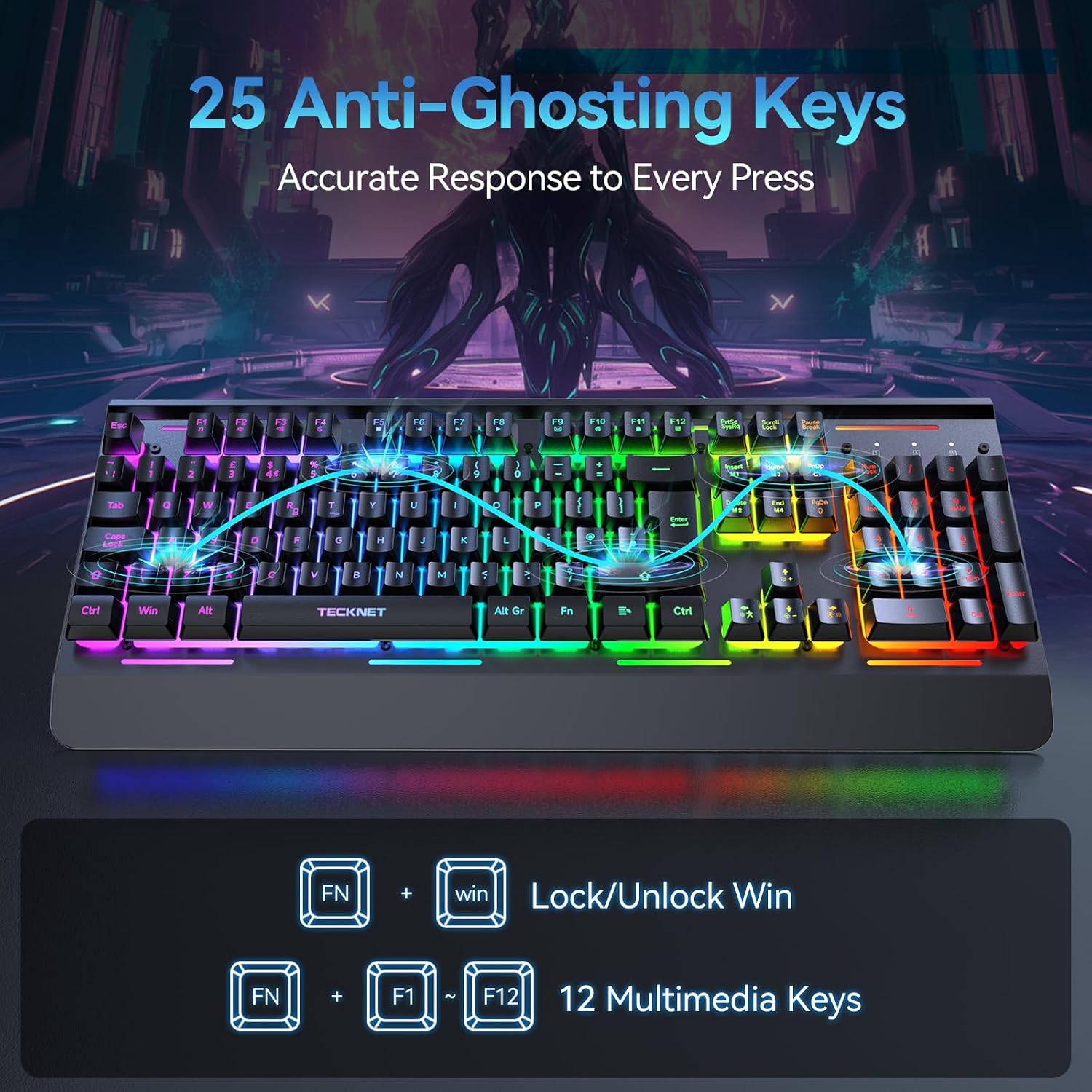 Detalle 2 de TECKNET Wireless Gaming Keyboard with 2.4G + Wired Connectivity, 15-Zone RGB, 4000mAh Battery