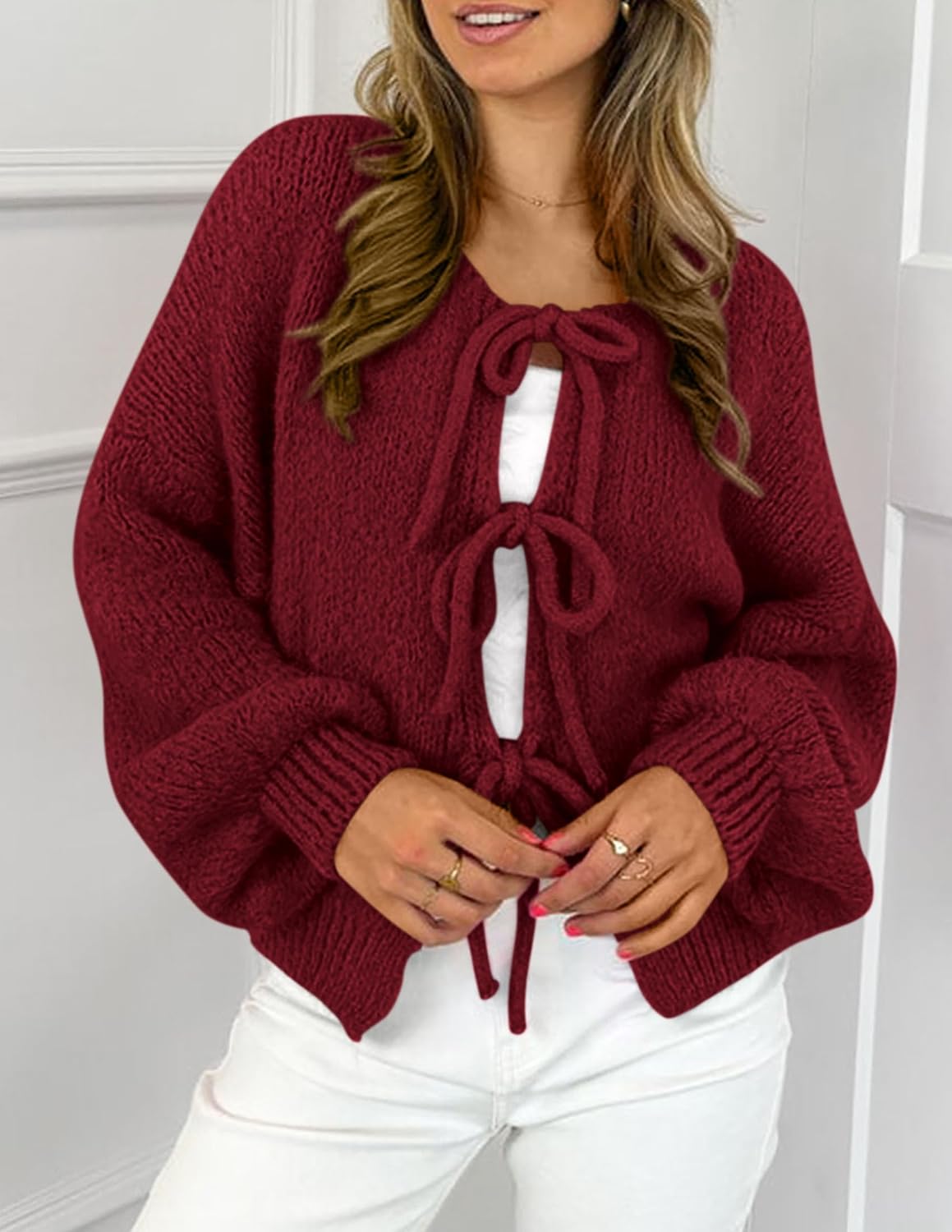 Detalle 2 de PRETTYGARDEN Tie Front Bow Cardigan S