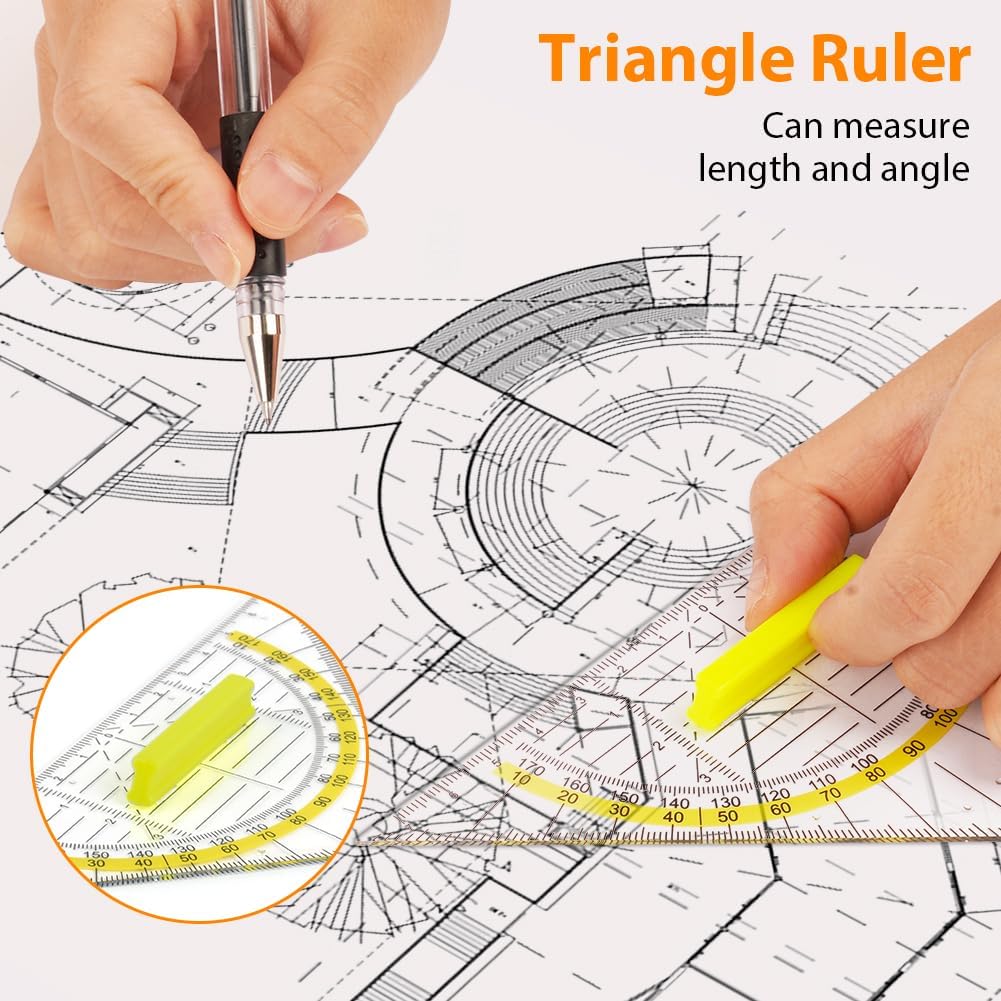Detalle de Vicloon set square set (4 pcs) with 45° triangle rulers and transparent protractor – red and yellow