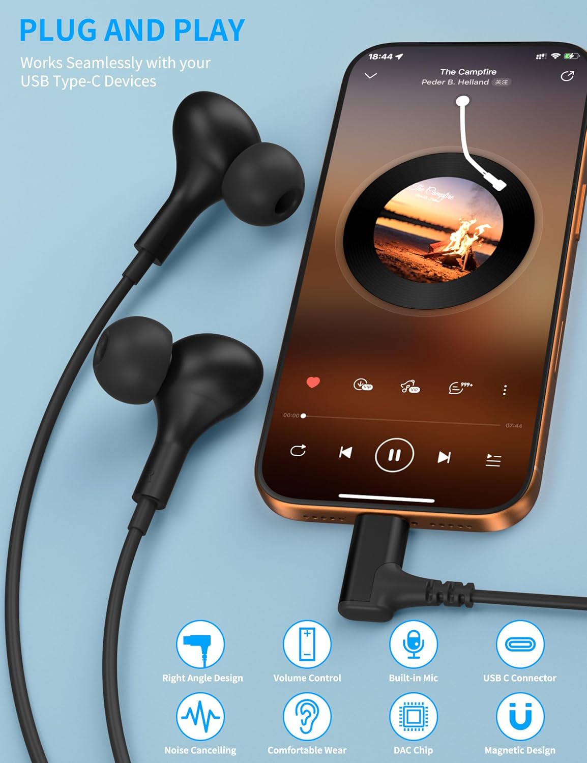 Thumbnail 4 de ACOCOBUY USB-C Earphones with Microphone (Right-Angle Type C Wired Earbuds) for Samsung, iPhone and Pixel – Black