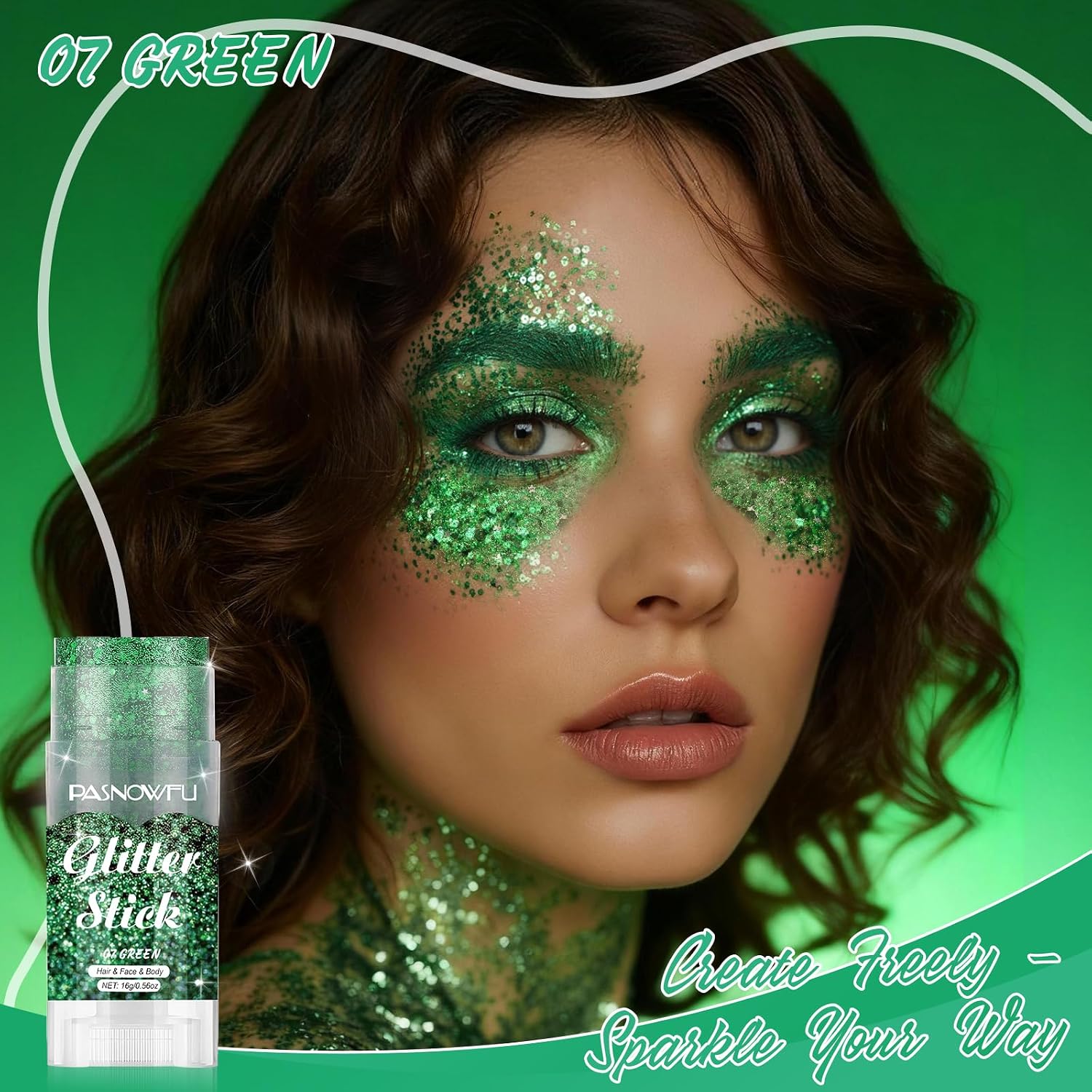 Detalle de PASNOWFU Glitter Stick Vert Émeraude — Gel pour visage et corps, accessoire festival et cosplay