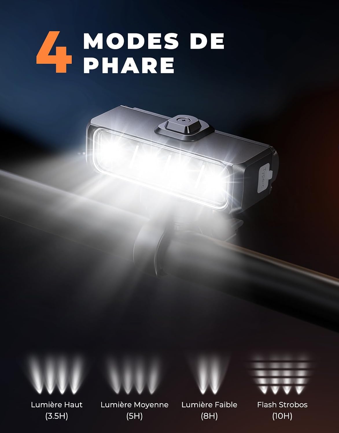 Thumbnail 2 de EOIWUY Lumière de vélo avant et arrière 1500 lm, 4+5 modes USB Type-C étanche IP65