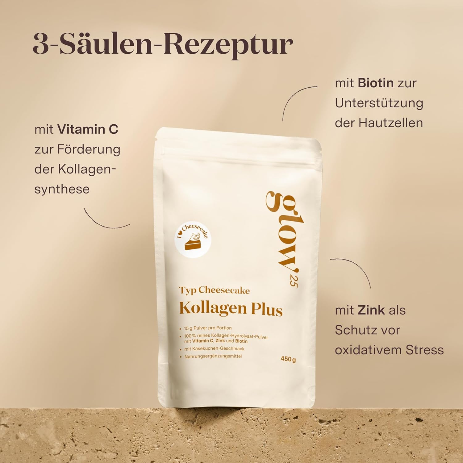 Thumbnail 5 de Glow25® Collagen Plus Käsekuchen [450g] – Kollagenhydrolysat mit Vitamin C, Zink und Biotin