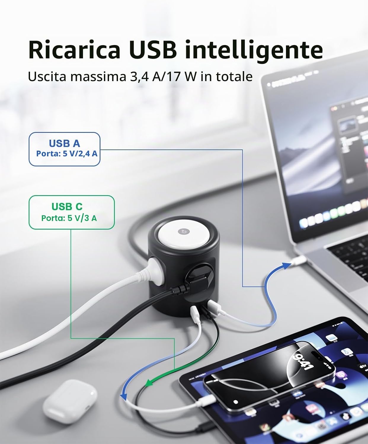 Thumbnail 3 de 3M Ciabatta Multipresa con Luce 4 prese, USB-C e USB-A, Illuminazione a 3 modalità