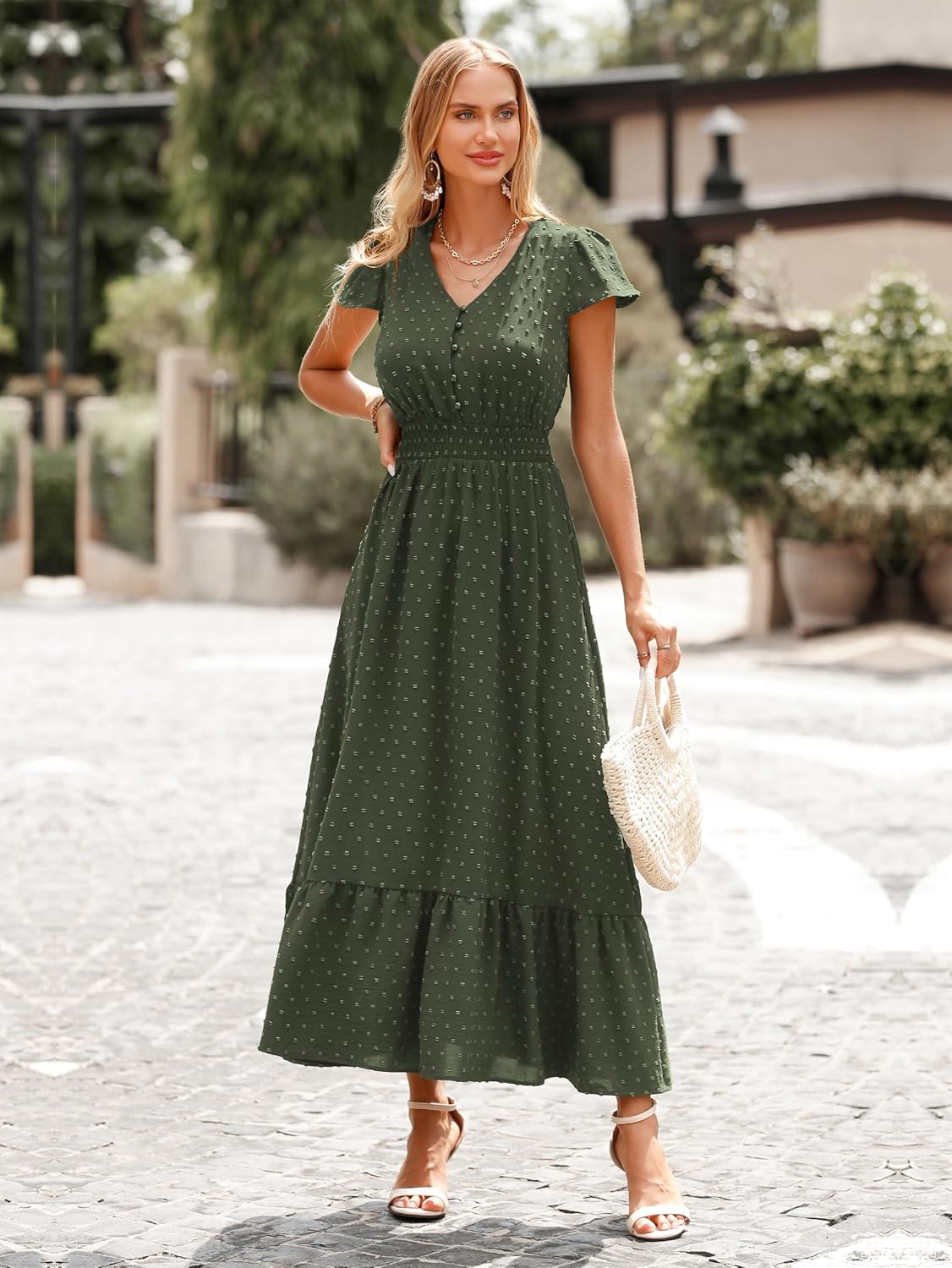 Detalle 2 de PrettyGarden Womens Dresses 2026 Summer Maxi Dress: Boho Swiss Dot, V-Neck, Smocked Waist