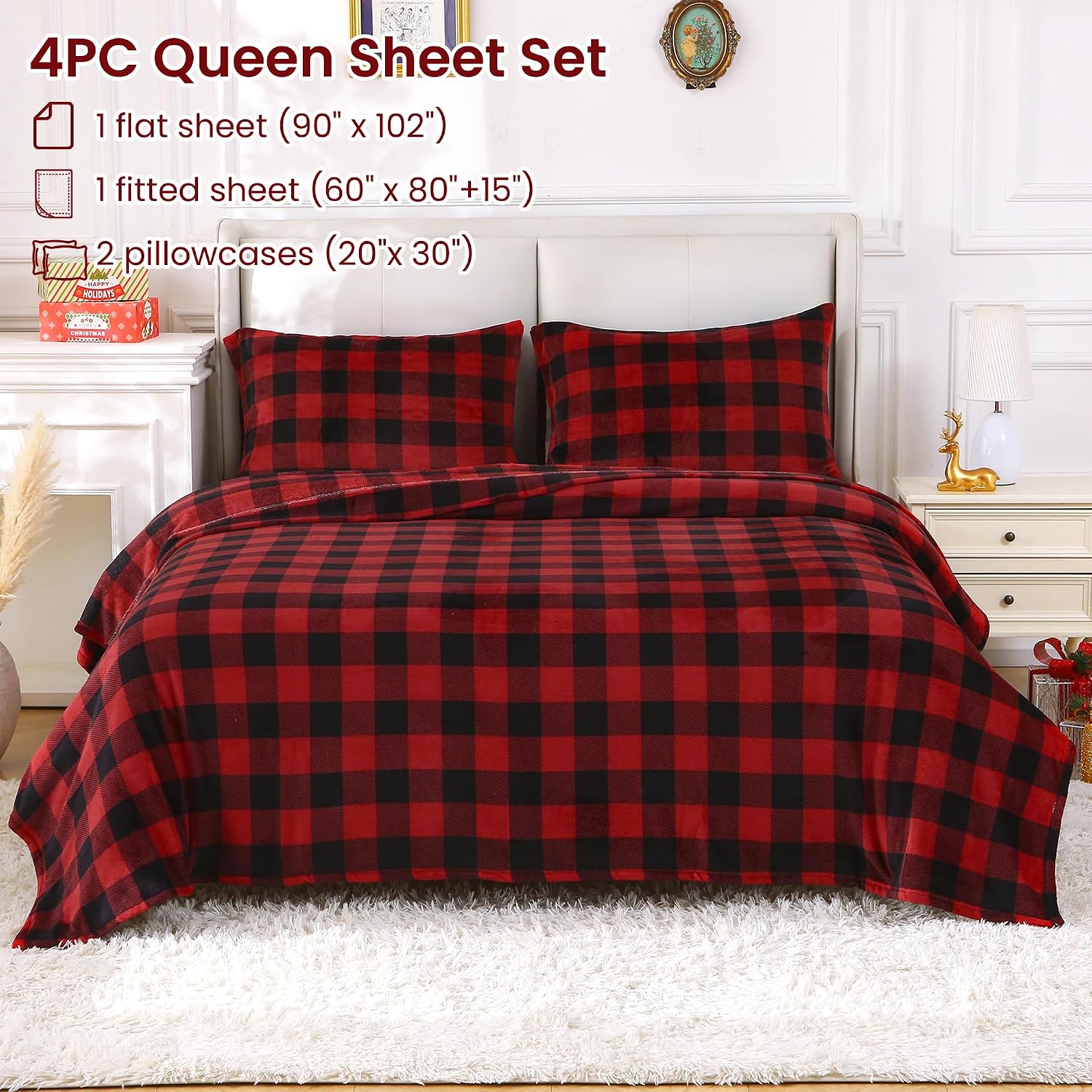Thumbnail 6 de Viviland SHTRDBUCHQ Queen Fleece Sheet Set, Red and Black Buffalo Plaid