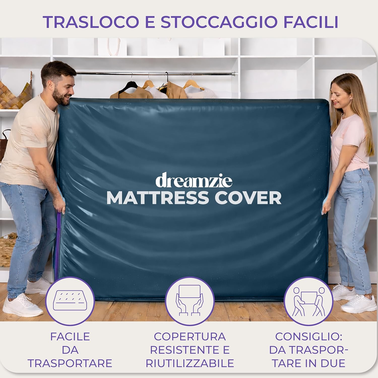 Thumbnail 5 de Dreamzie Coprimaterasso in plastica opaca 140x200 cm con cerniera (set 2) per trasloco, stoccaggio e trasporto