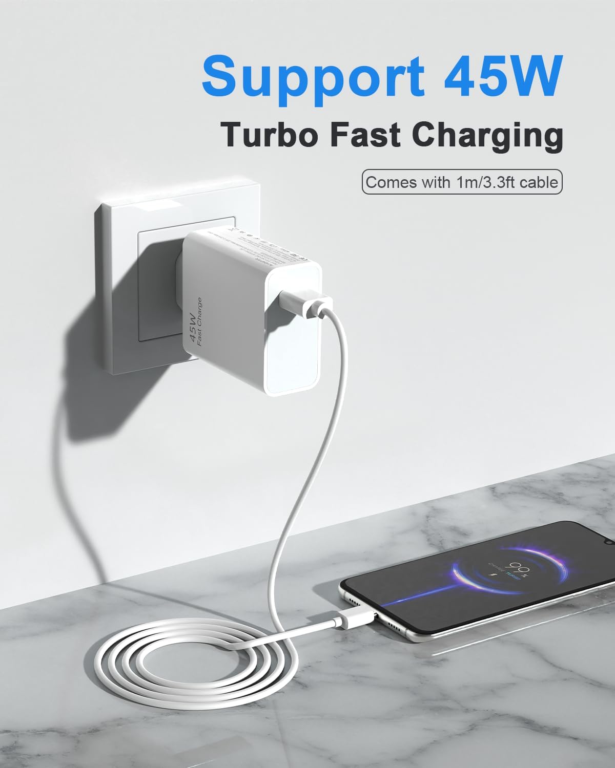 Detalle de Jippofu Caricabatterie USB-C 45W: ricarica rapida per Xiaomi e Redmi (1 m, 100–240 V)