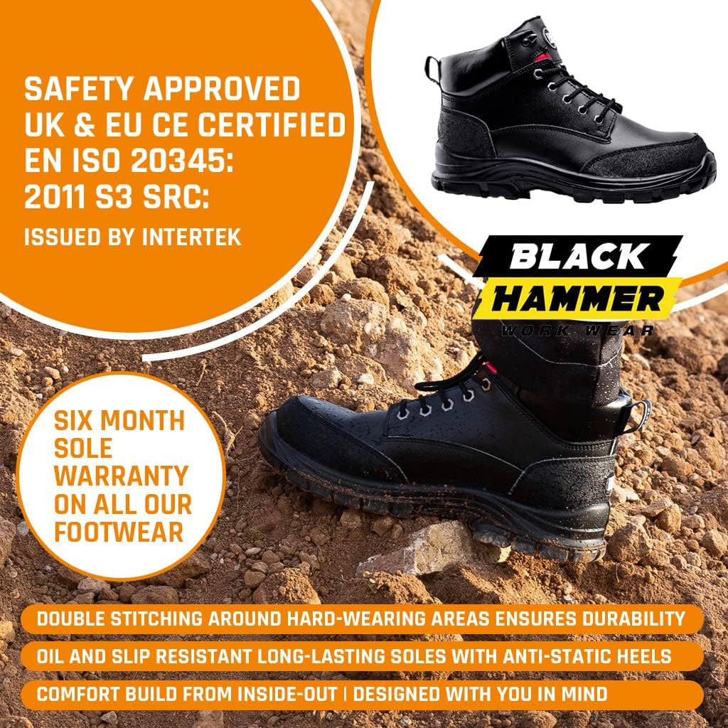 Detalle 2 de Black Hammer Mens Safety Boots Steel Toe Cap S3 SRC Work Shoes Ankle Leather 7700 Black
