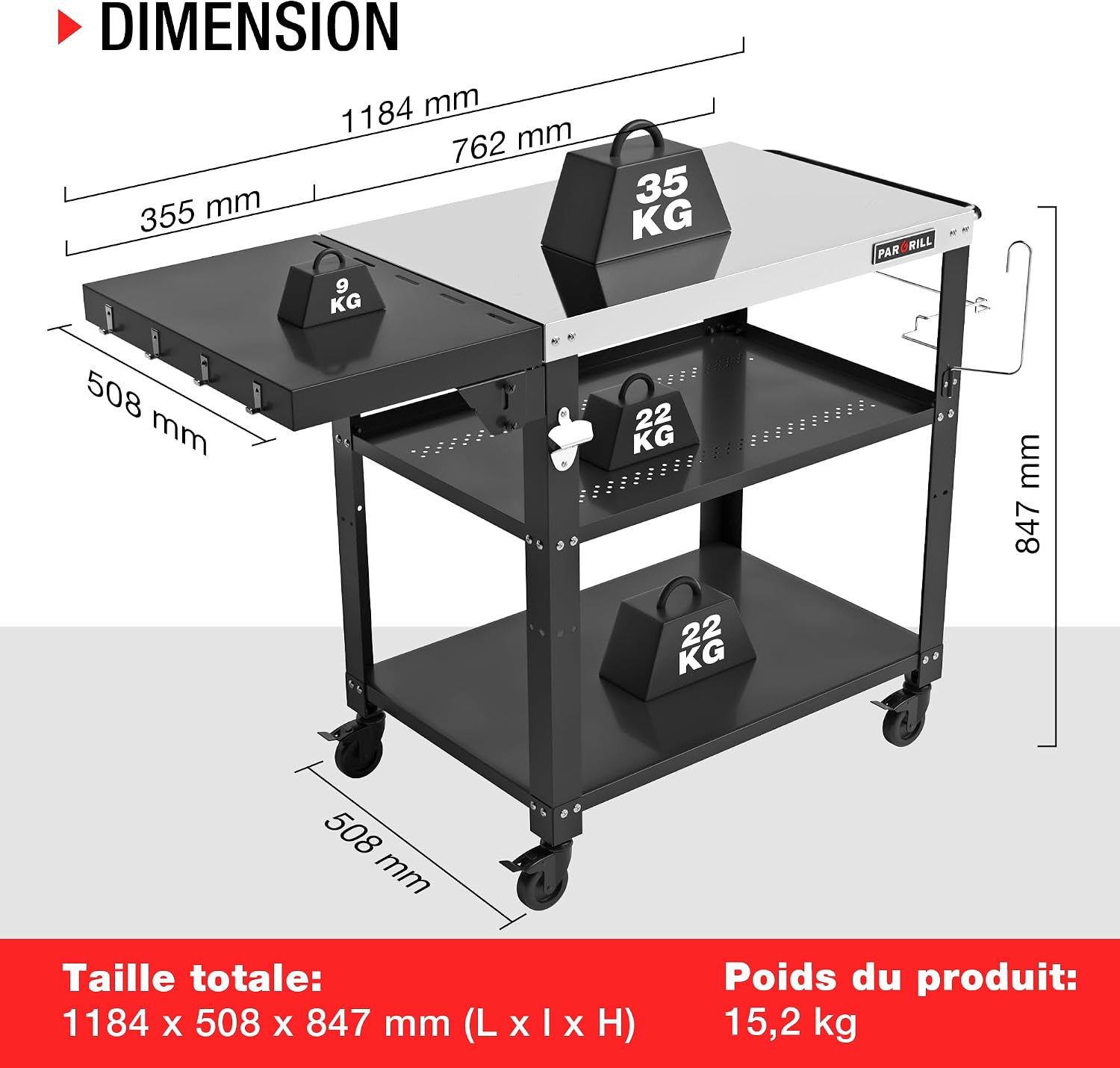 Detalle 2 de PARGRILL PA23003A grillwagen met 3 niveaus, inklapbaar werkblad en remmen